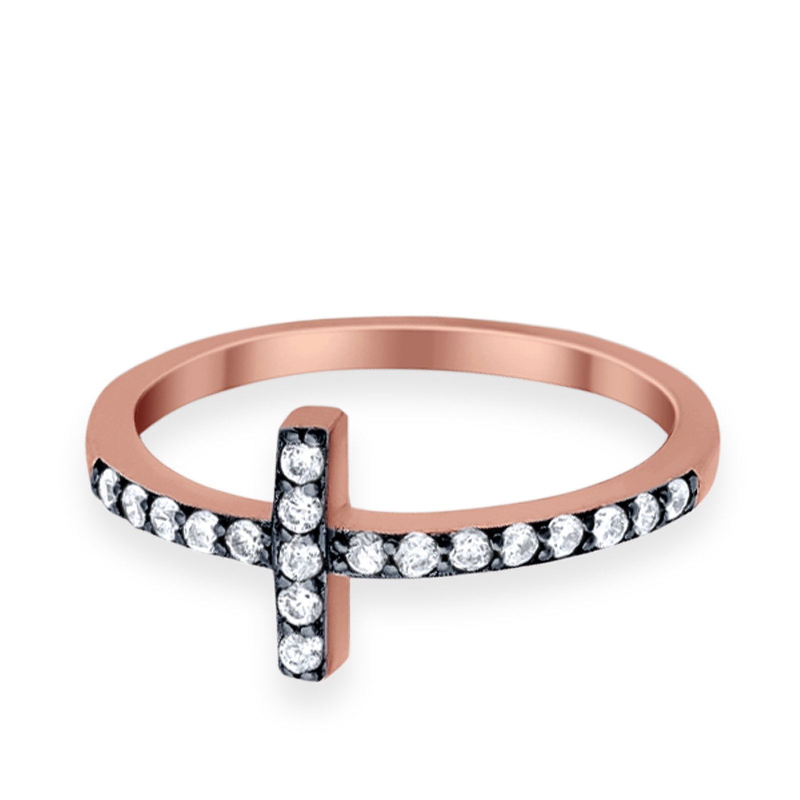 Wedding Eternity Sideways Cross Rings Rose Tone, Simulated CZ 925 Sterling Silver