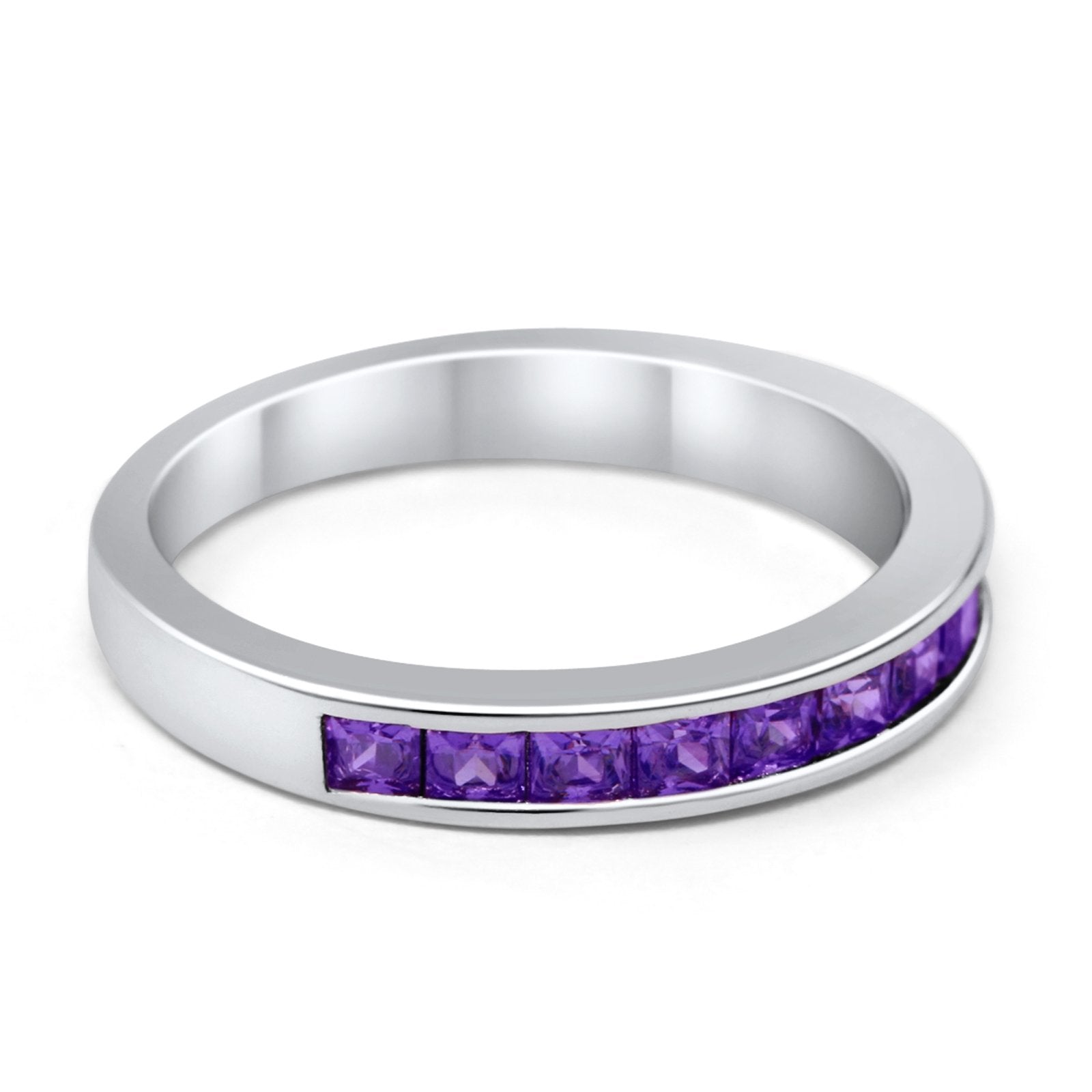 Half Eternity Band Wedding Ring Simulated Amethyst CZ 925 Sterling Silver