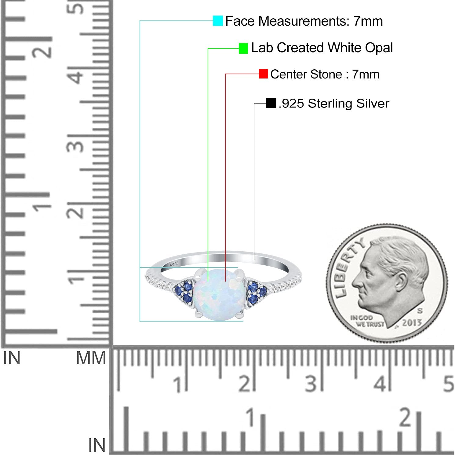 Art Deco Wedding Ring Simulated Blue Sapphire CZ Round Lab Created White Opal 925 Sterling Silver