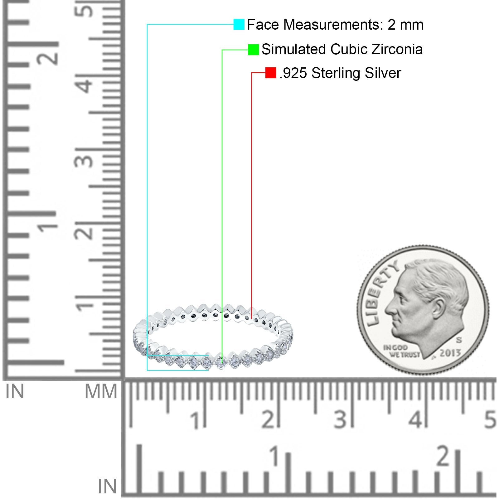 2mm Full Eternity Wedding Band Ring Simulated Cubic Zirconia 925 Sterling Silver
