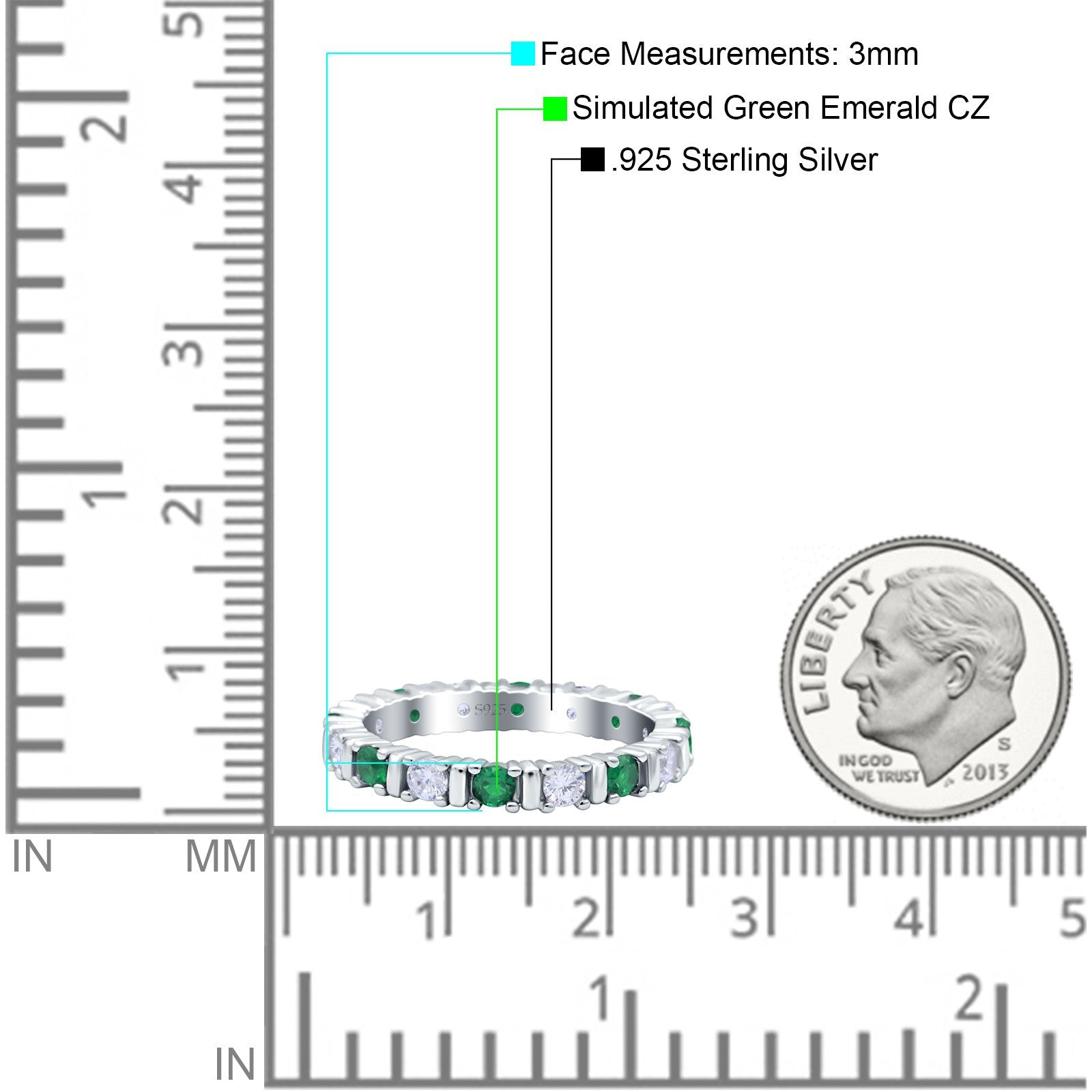 Full Eternity Stackable Ring Wedding Band Round Simulated Green Emerald CZ 925 Sterling Silver (3mm)