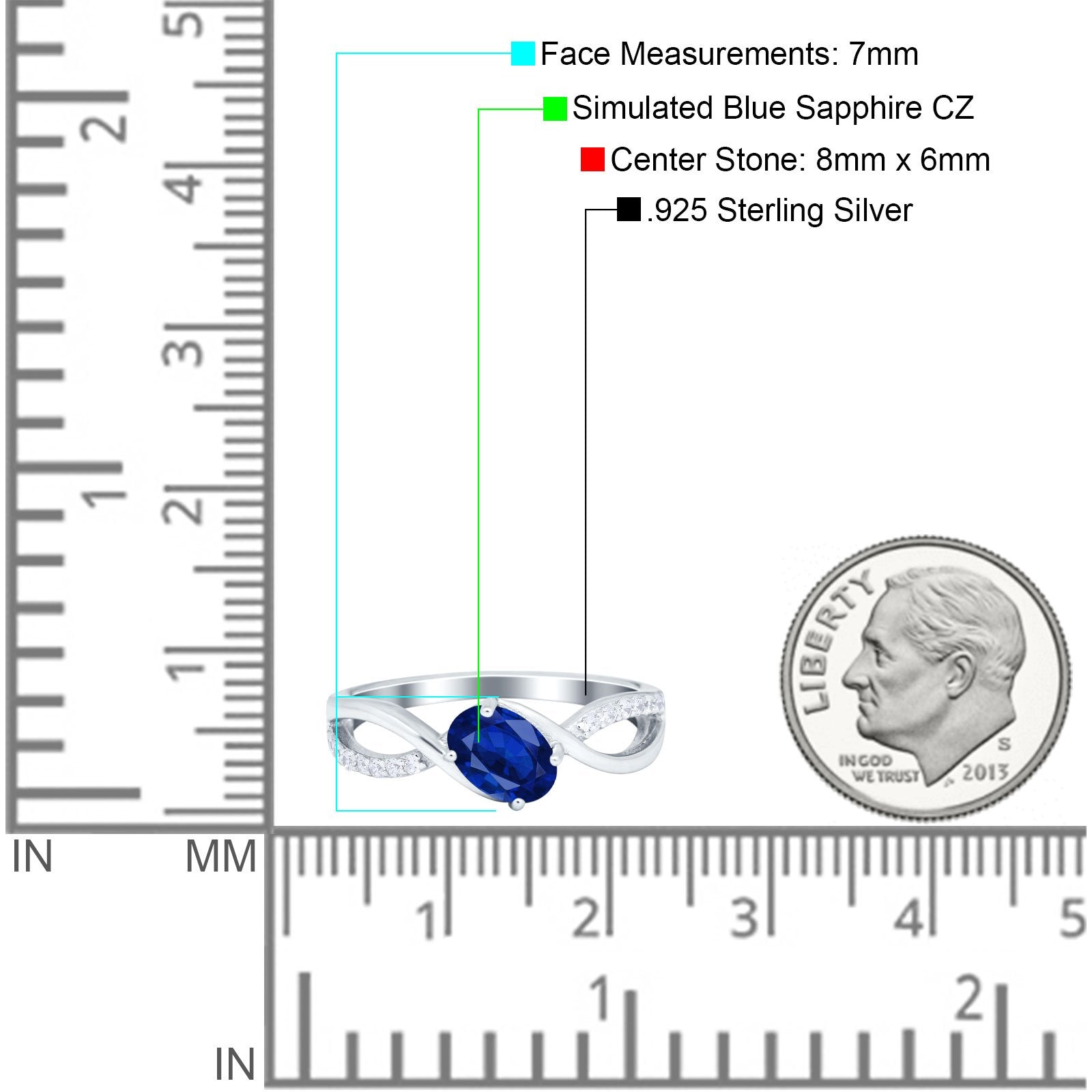 Oval Engagement Ring Simulated Blue Sapphire CZ 925 Sterling Silver