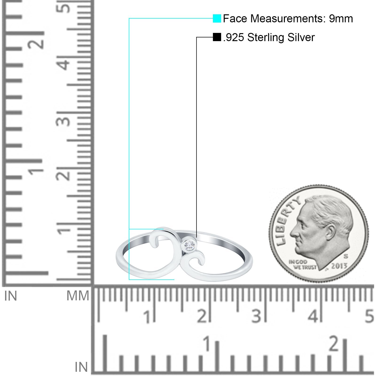 Fashion Swirl Dainty Petite Ring Round Simulated Cubic Zirconia 925 Sterling Silver