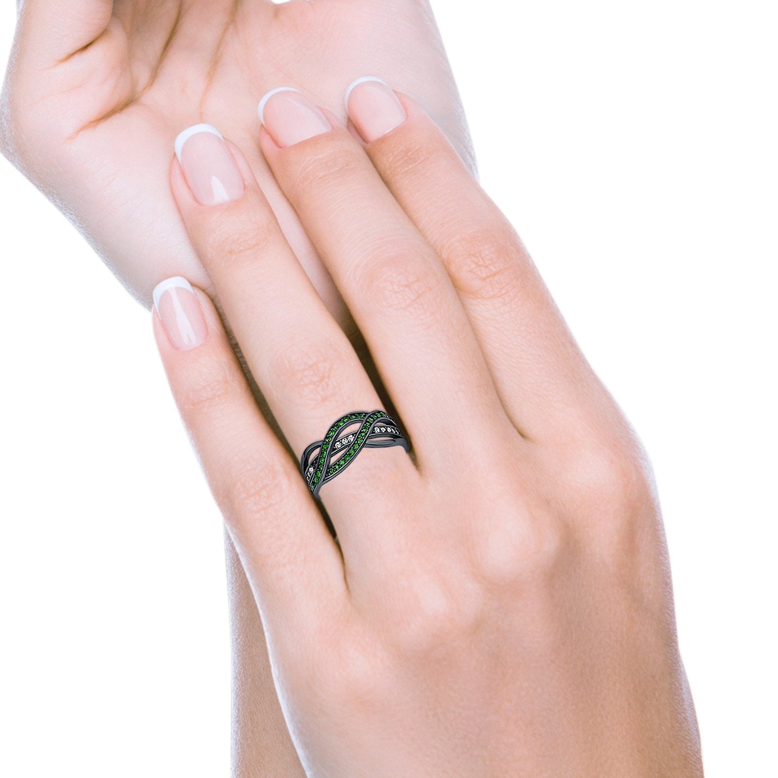 Half Eternity Weave Knot Ring Black Tone, Simulated Green Emerald CZ 925 Sterling Silver