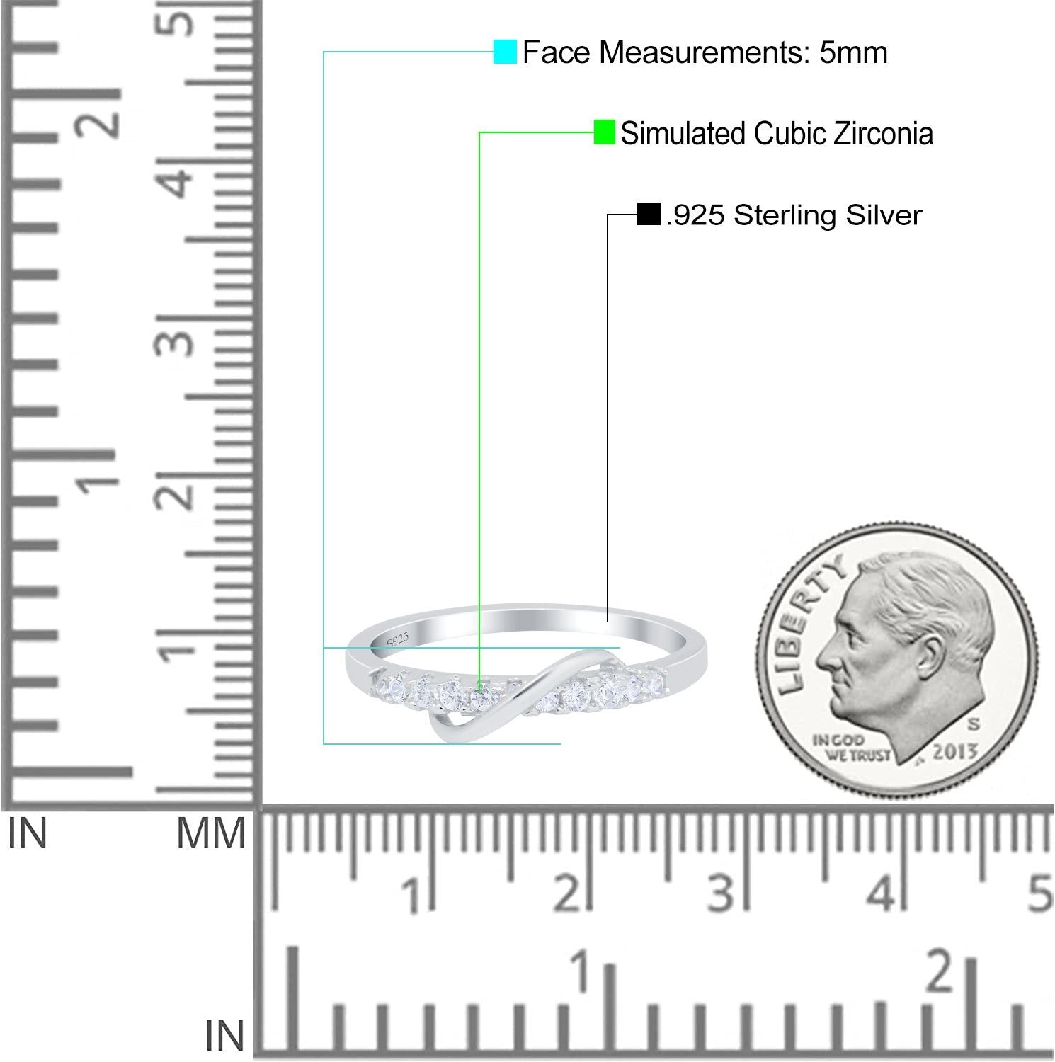 Fashion Overlap Ring Half Eternity Round Simulated Cubic Zirconia 925 Sterling Silver (5mm)