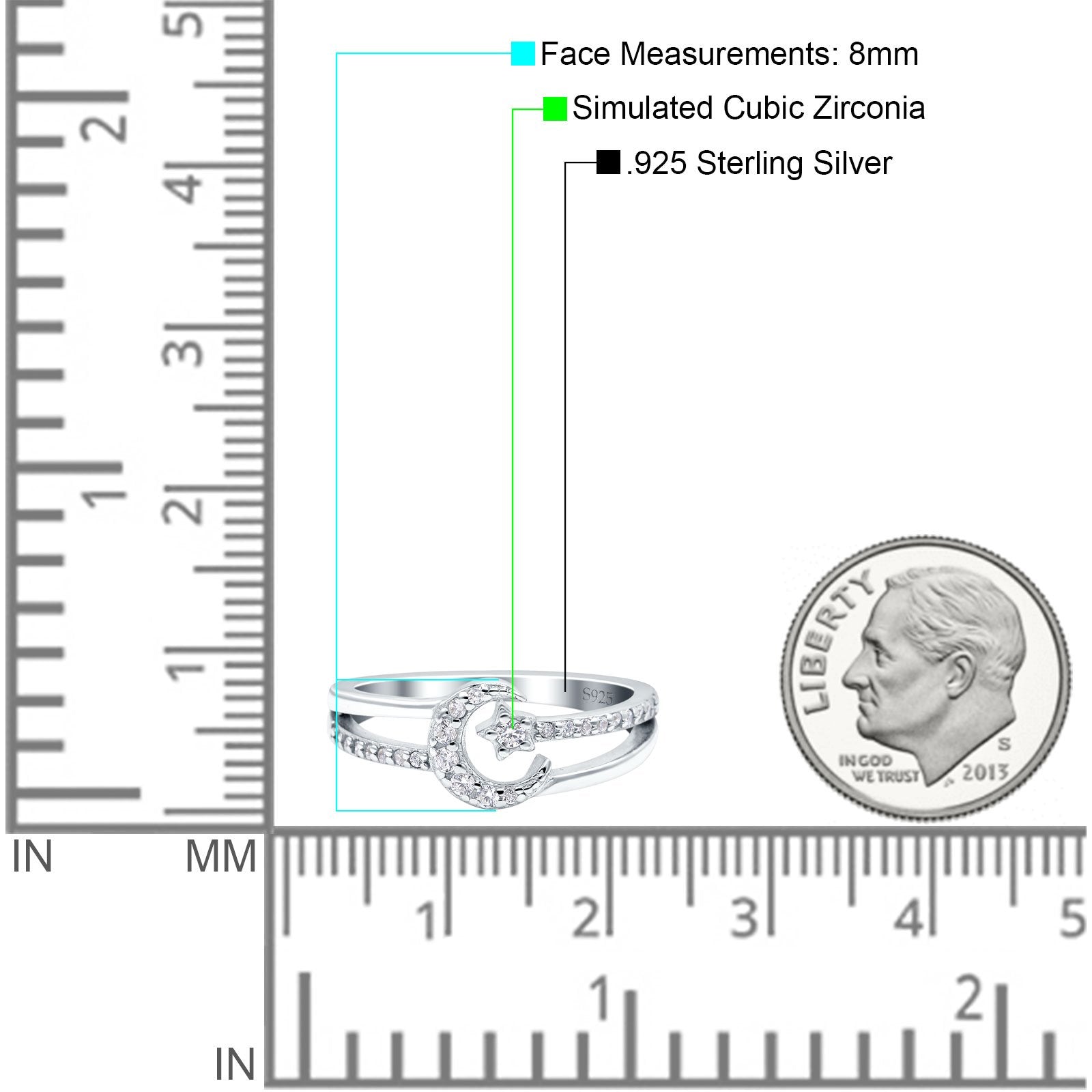 Moon Star Ring Round Simulated Cubic Zirconia Split Shank 925 Sterling Silver
