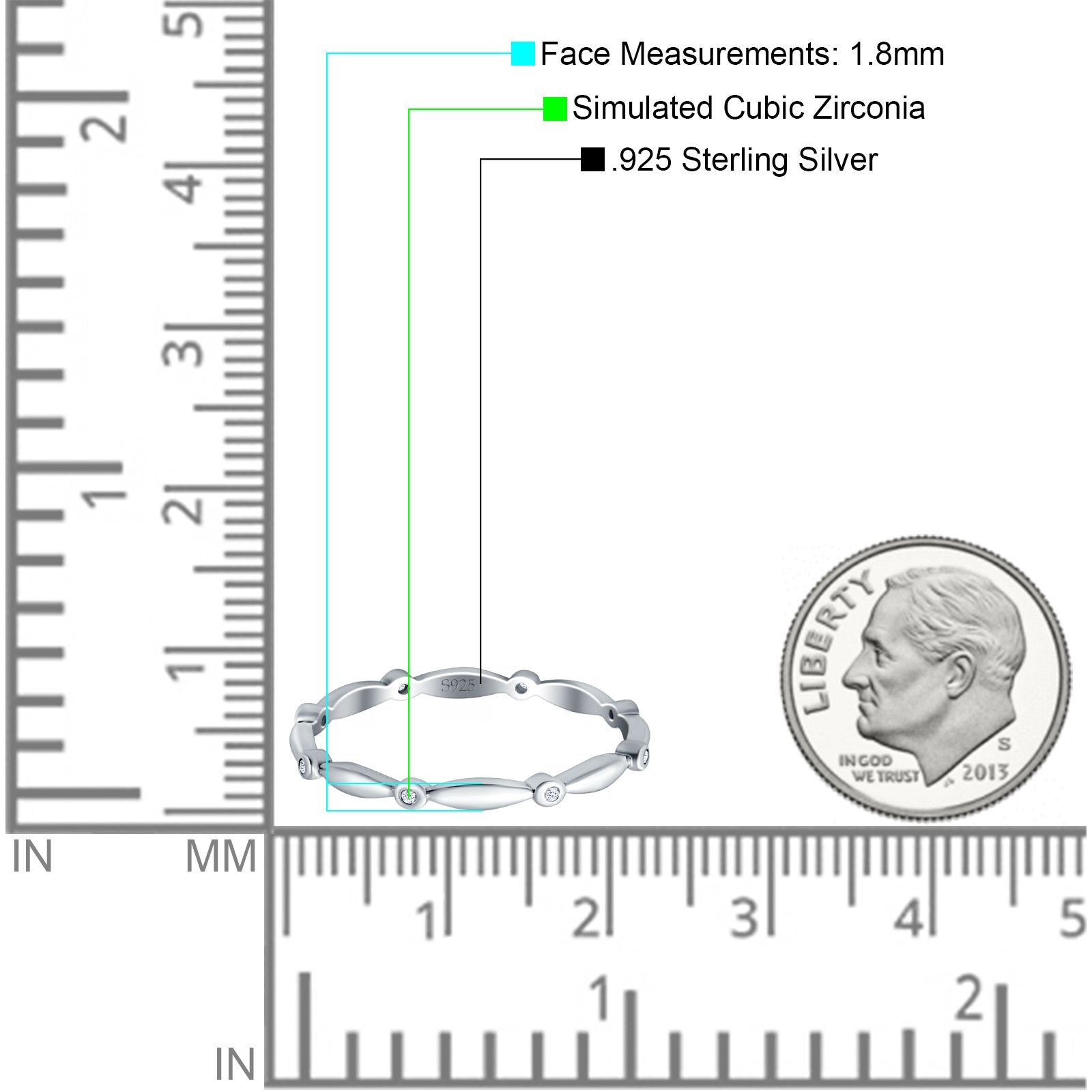 Eternity Ring Wedding Band Round Simulated Cubic Zirconia 925 Sterling Silver (1.8mm)