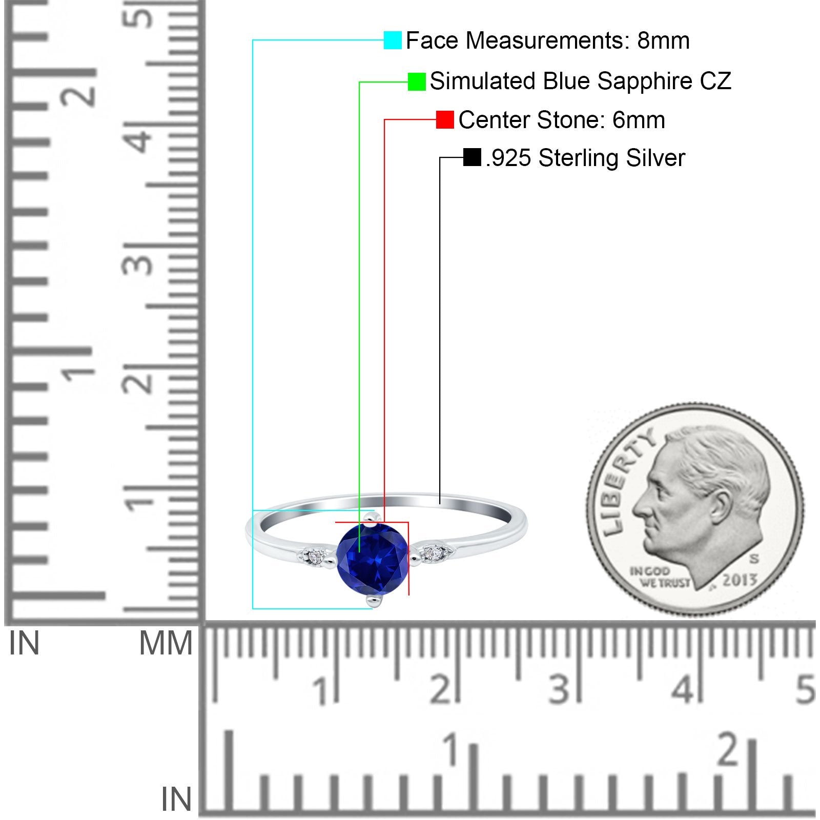 Three Stone Art Deco Engagement Ring Round Simulated Blue Sapphire CZ 925 Sterling Silver