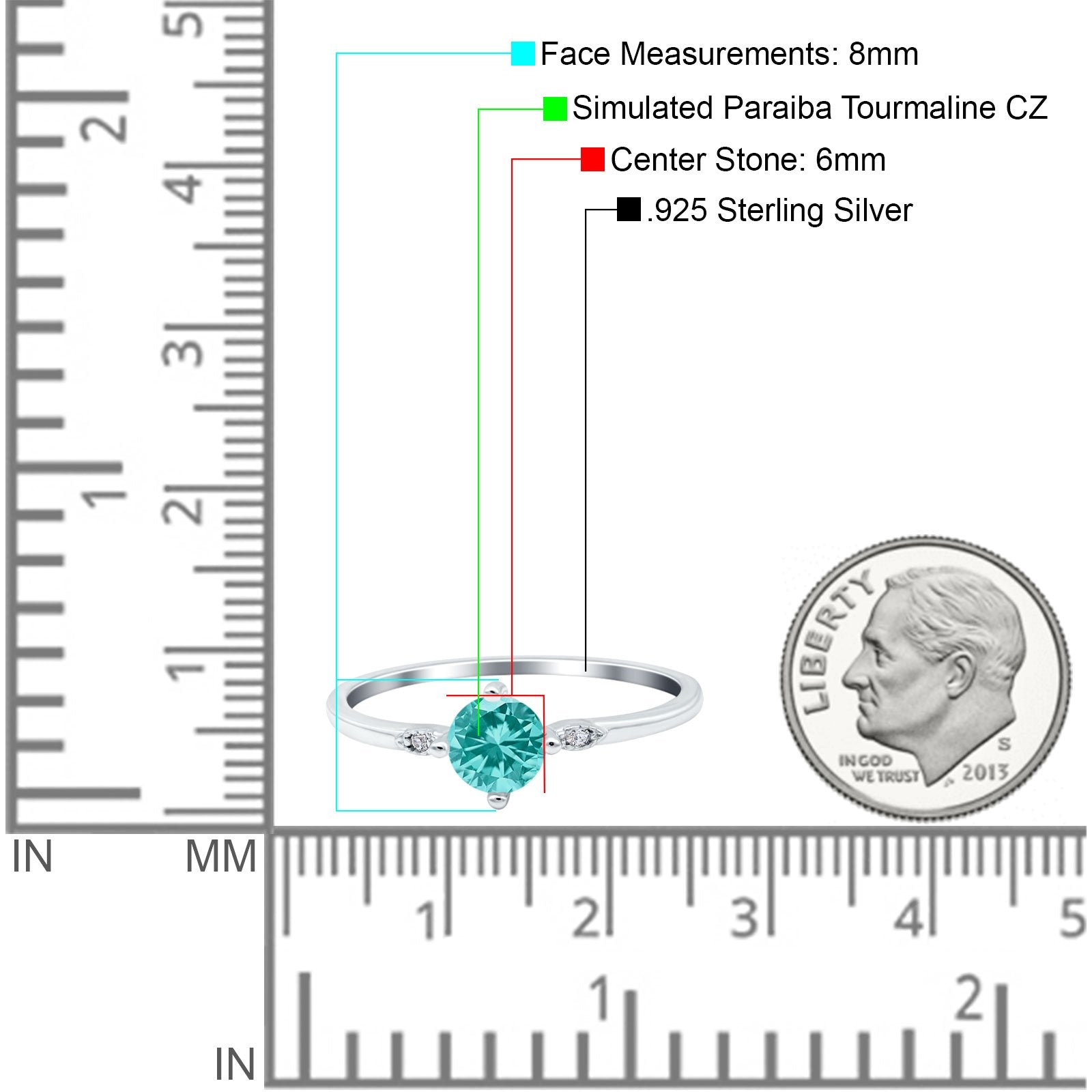 Three Stone Art Deco Engagement Ring Round Simulated Paraiba Tourmaline CZ 925 Sterling Silver