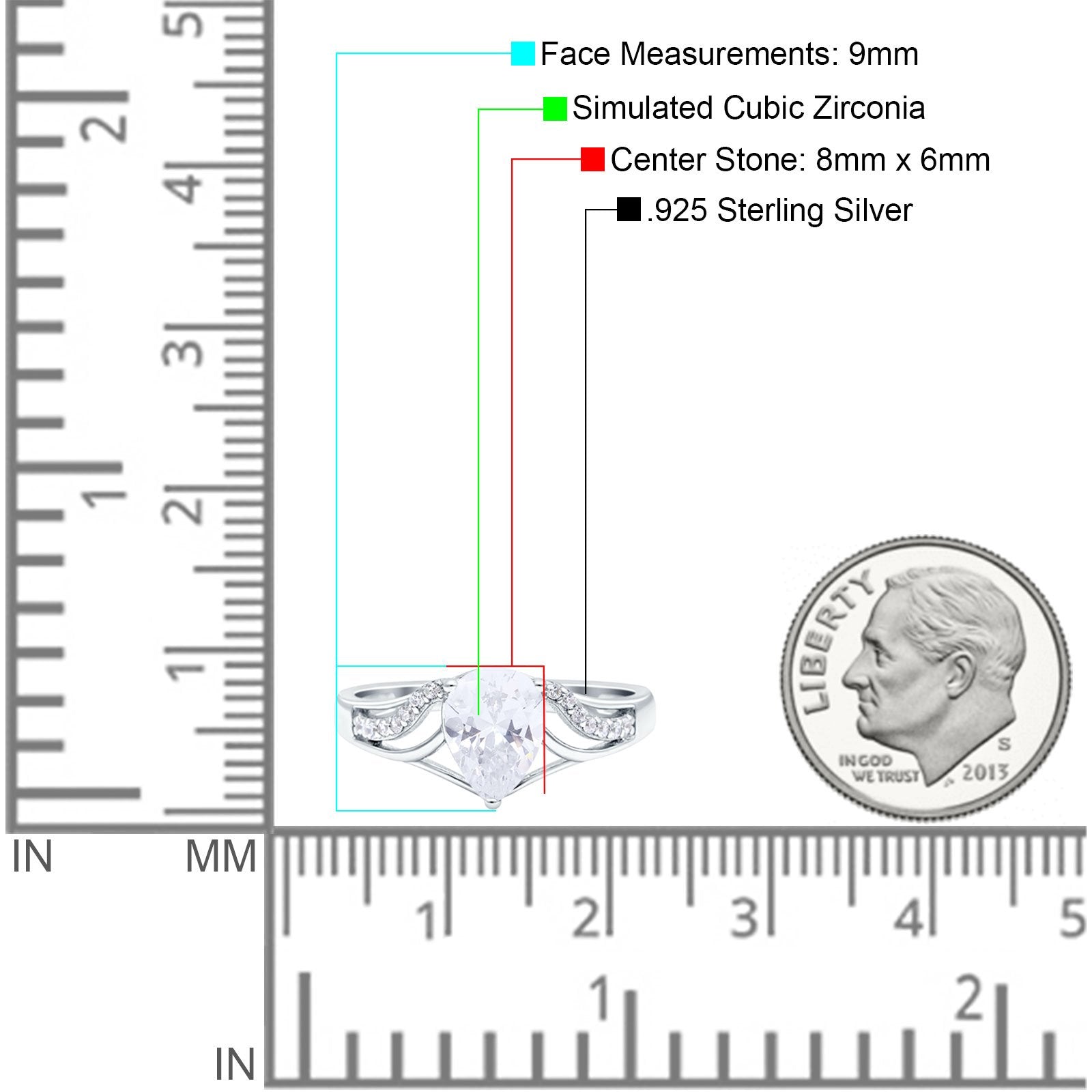 Teardrop Art Deco Pear Wedding Ring Simulated Cubic Zirconia 925 Sterling Silver