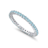 Full Eternity Wedding Band Round Simulated Aquamarine CZ Ring 925 Sterling Silver