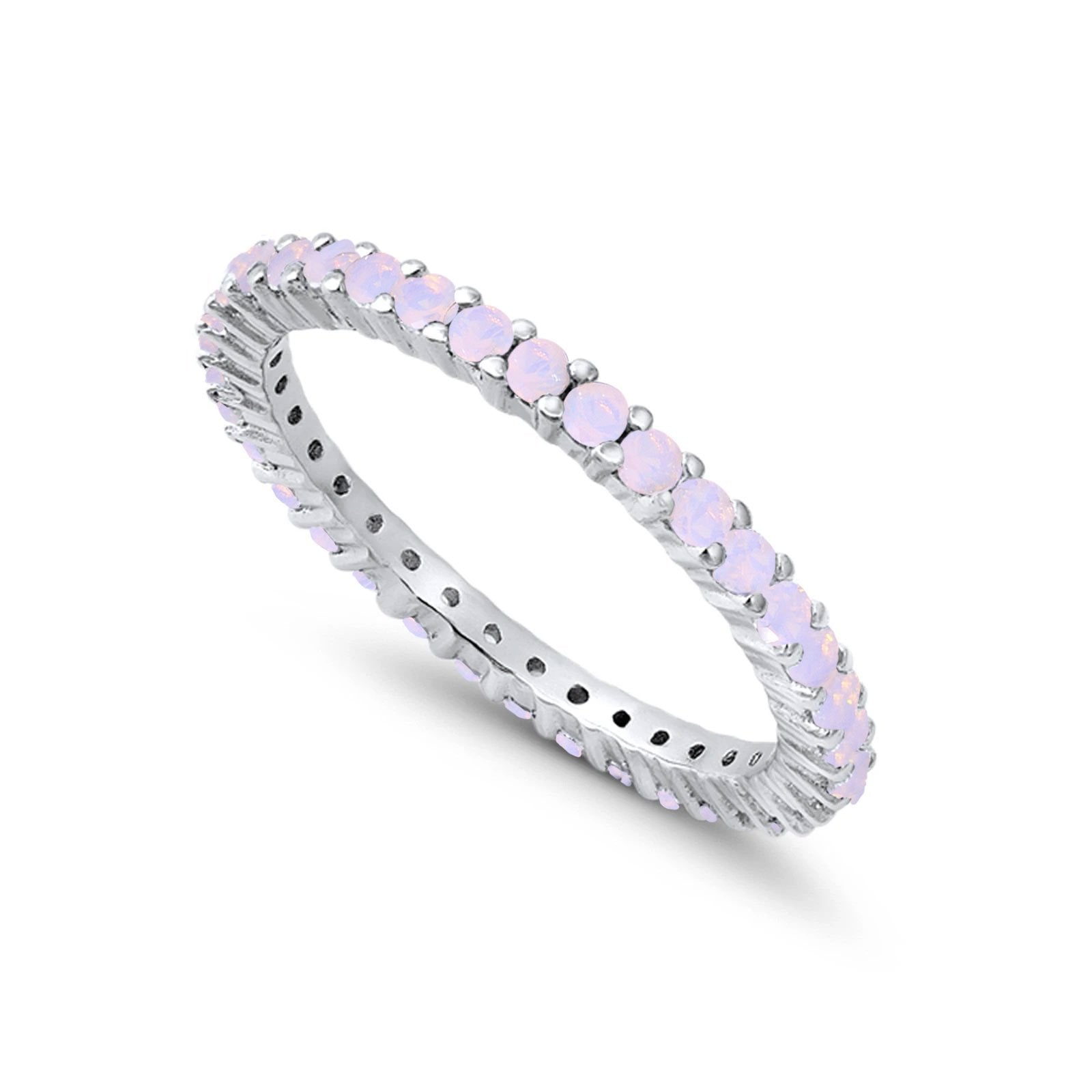 Full Eternity Wedding Round Lab Created White Pinkish Opal Ring 925 Sterling Silver