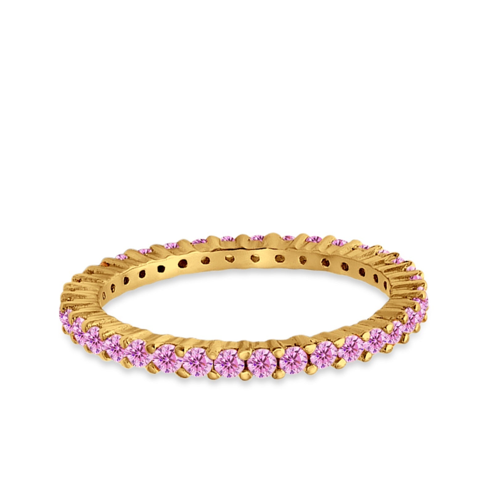 Full Eternity Wedding Band Round Yellow Tone, Simulated Pink CZ Ring 925 Sterling Silver