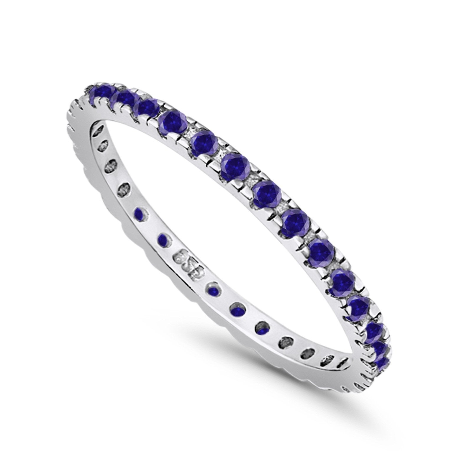 Stackable Ring Round Eternity Simulated Blue Sapphire CZ 925 Sterling Silver