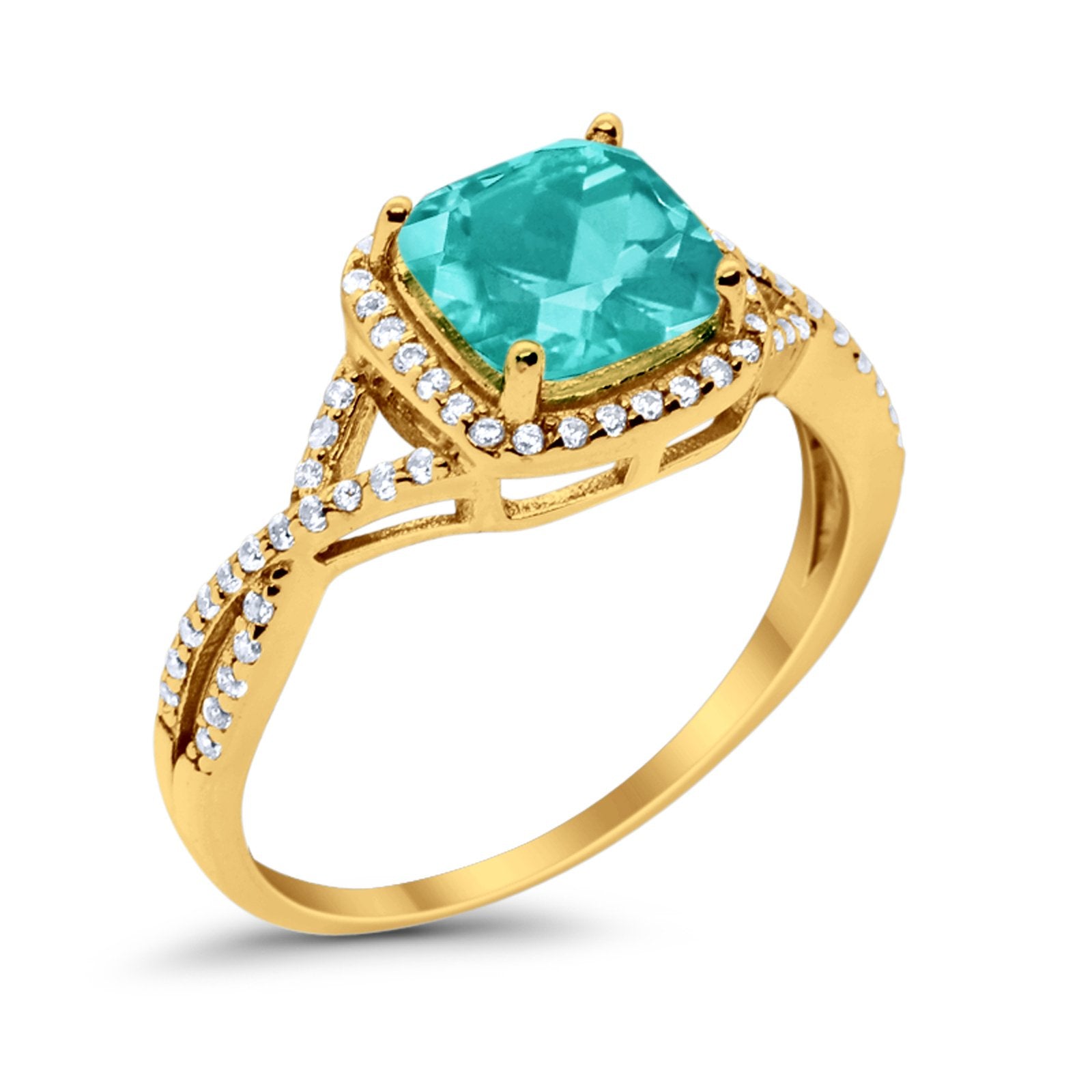 Halo Infinity Shank Engagement Ring Cushion Yellow Tone, Simulated Paraiba Tourmaline CZ 925 Sterling Silver