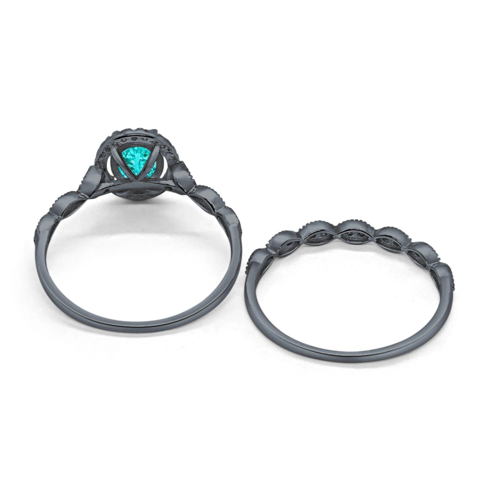 Halo Bridal Set Piece Oval Black Tone, Simulated Paraiba Tourmaline CZ Ring 925 Sterling Silver