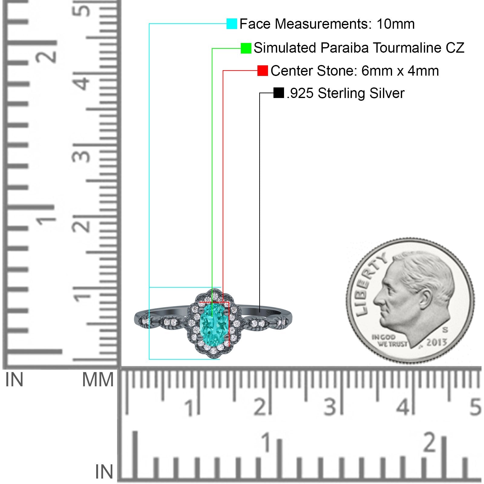 Halo Art Deco Oval Engagement Ring Black Tone, Simulated Paraiba Tourmaline CZ 925 Sterling Silver