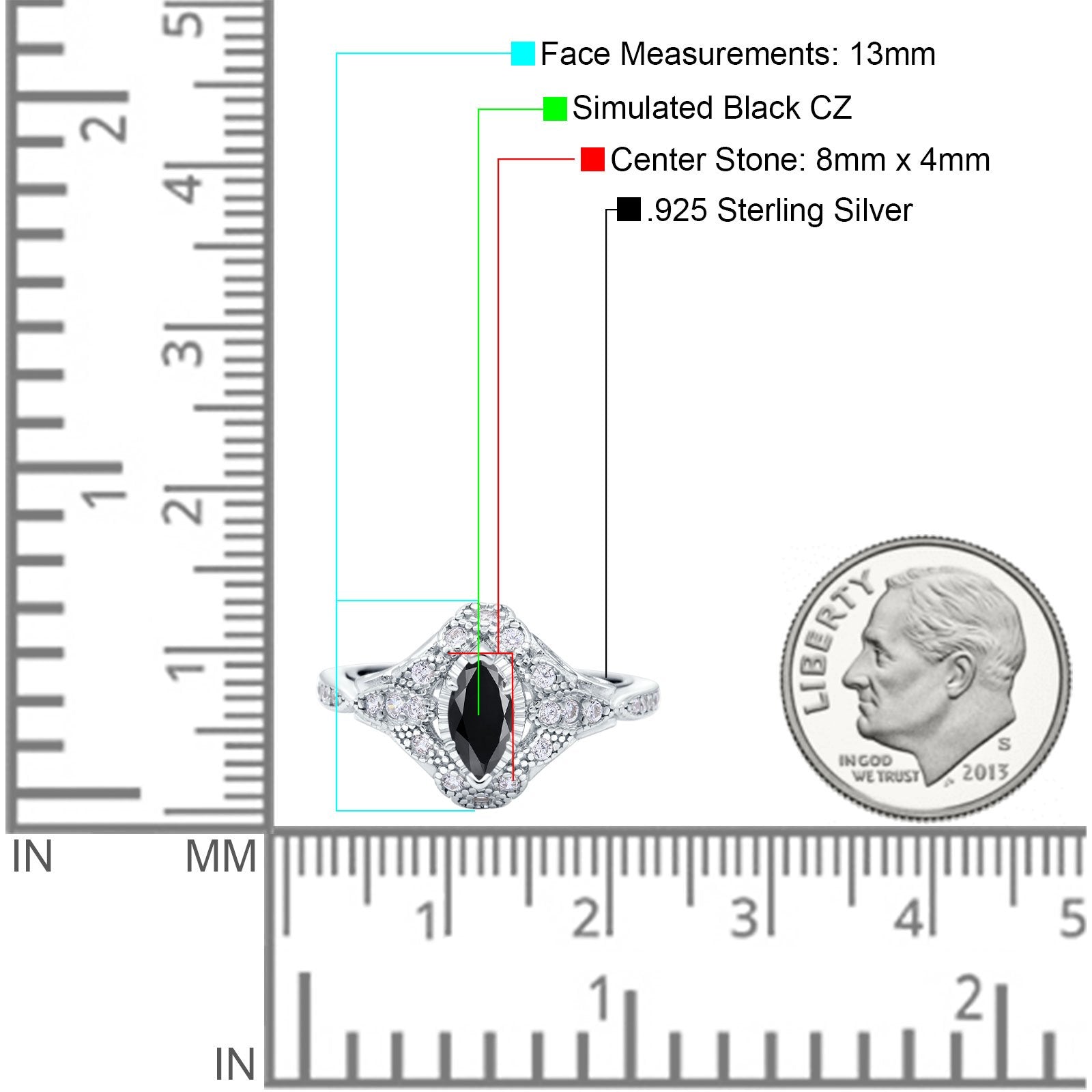 Marquise Art Deco Engagement Ring Accent Simulated Black CZ 925 Sterling Silver