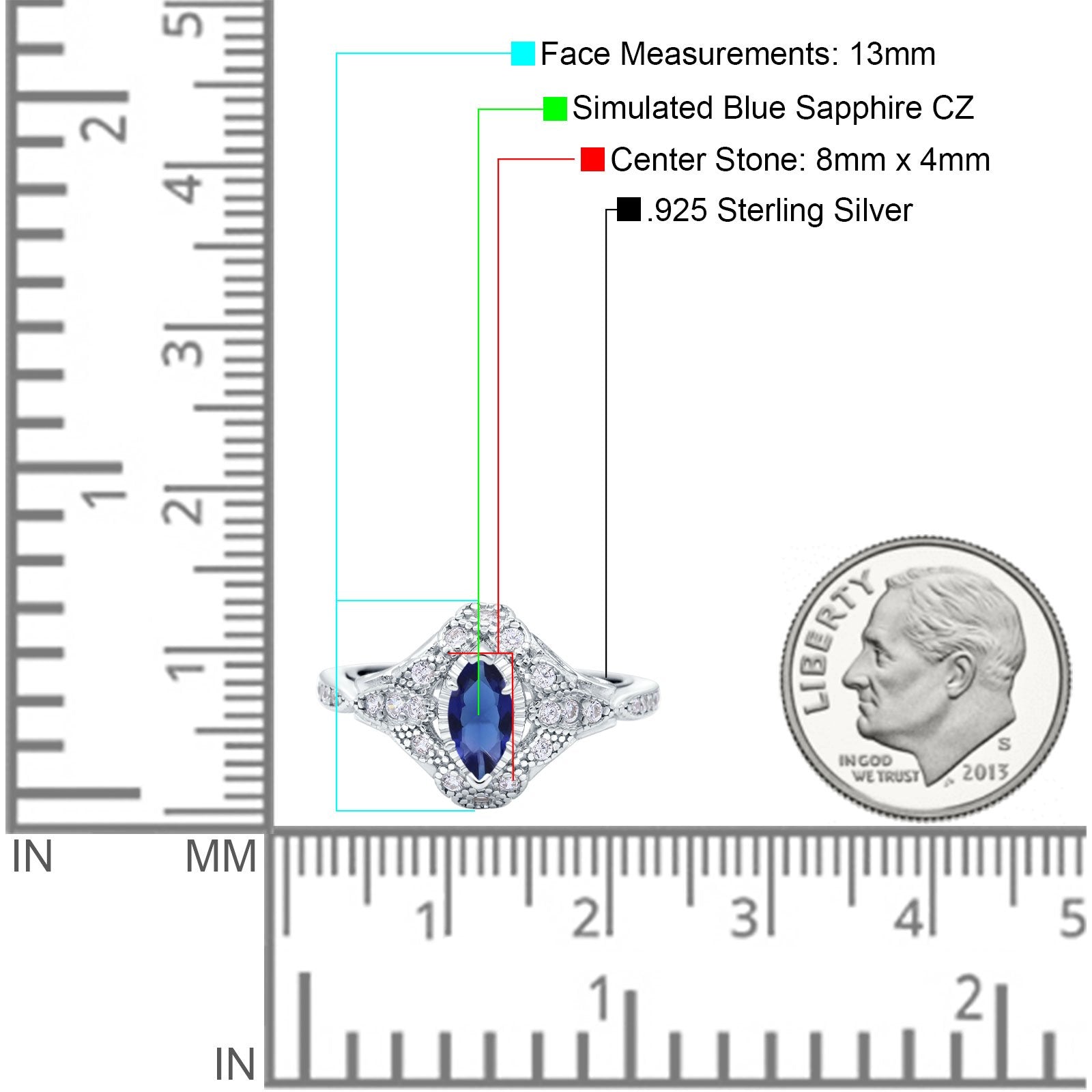 Marquise Art Deco Engagement Ring Accent Simulated Blue Sapphire CZ 925 Sterling Silver
