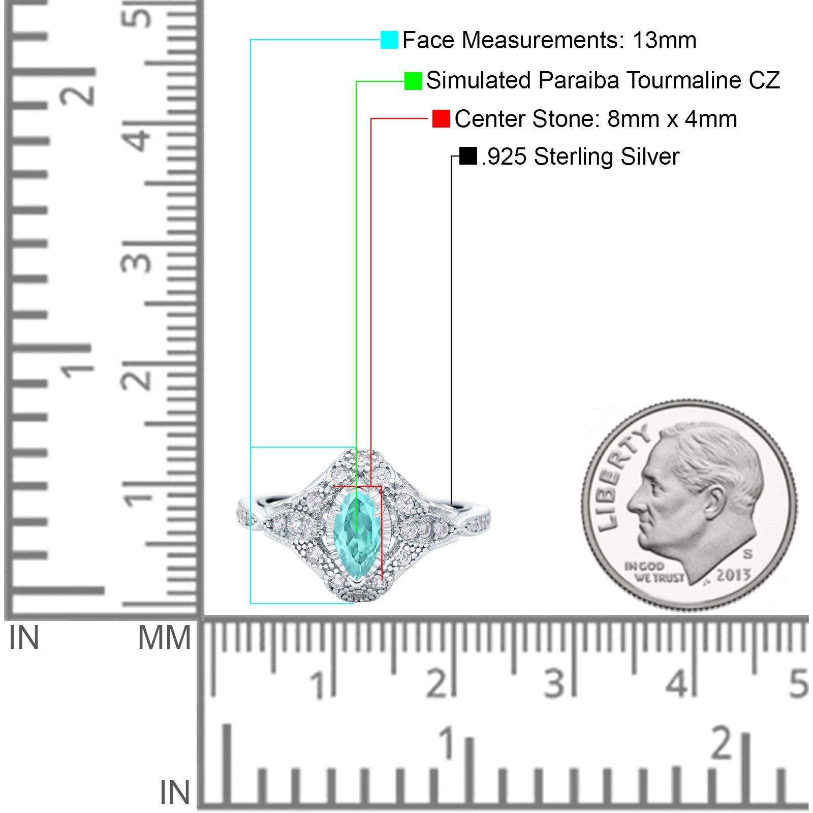 Marquise Art Deco Engagement Ring Accent Simulated Paraiba Tourmaline CZ 925 Sterling Silver