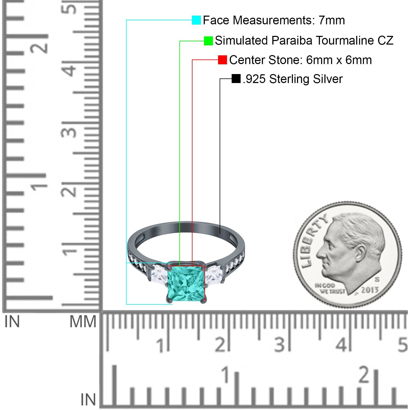 Princess Cut Art Deco Wedding Ring Black Tone, Simulated Paraiba Tourmaline CZ 925 Sterling Silver