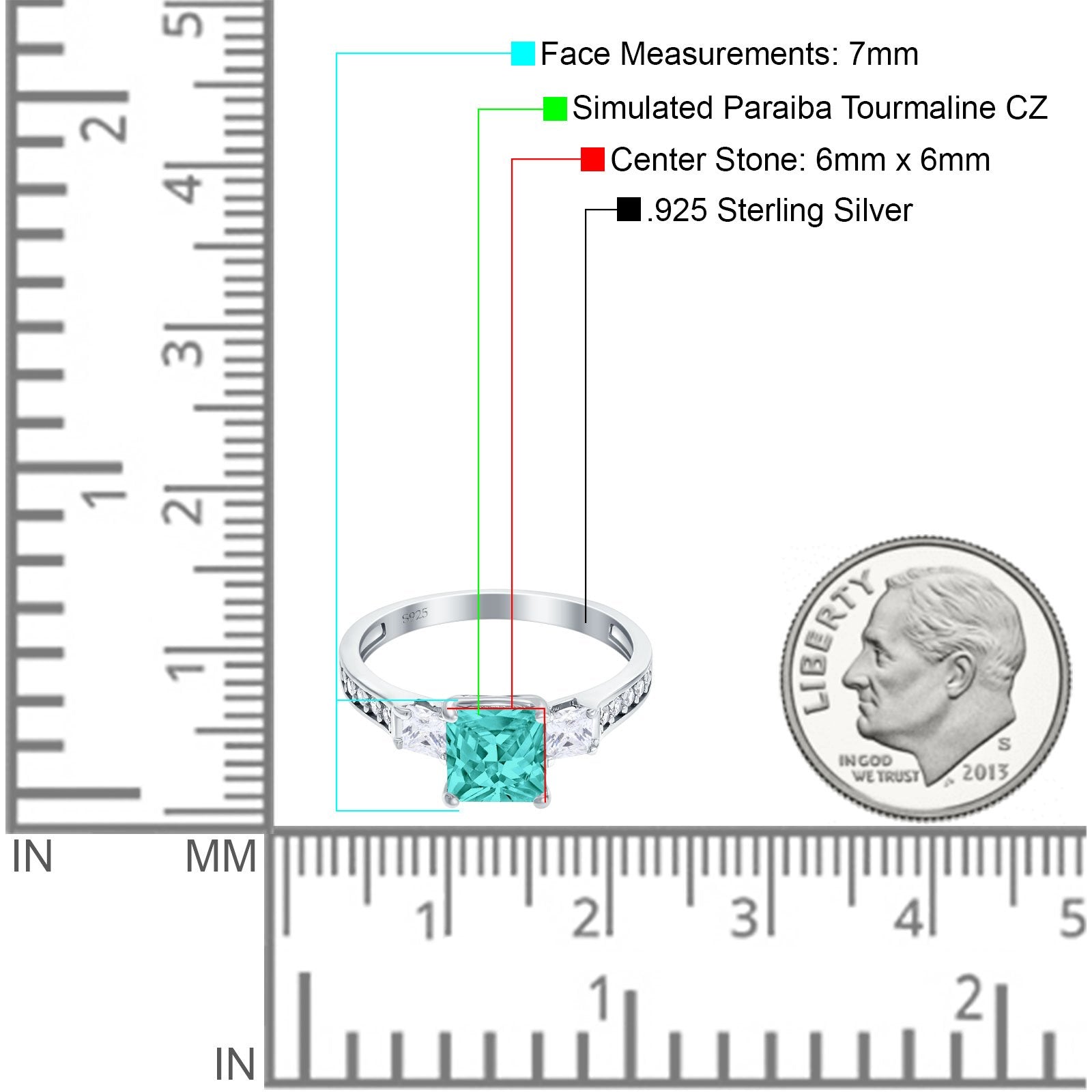 Princess Cut Art Deco Wedding Ring Simulated Paraiba Tourmaline CZ 925 Sterling Silver