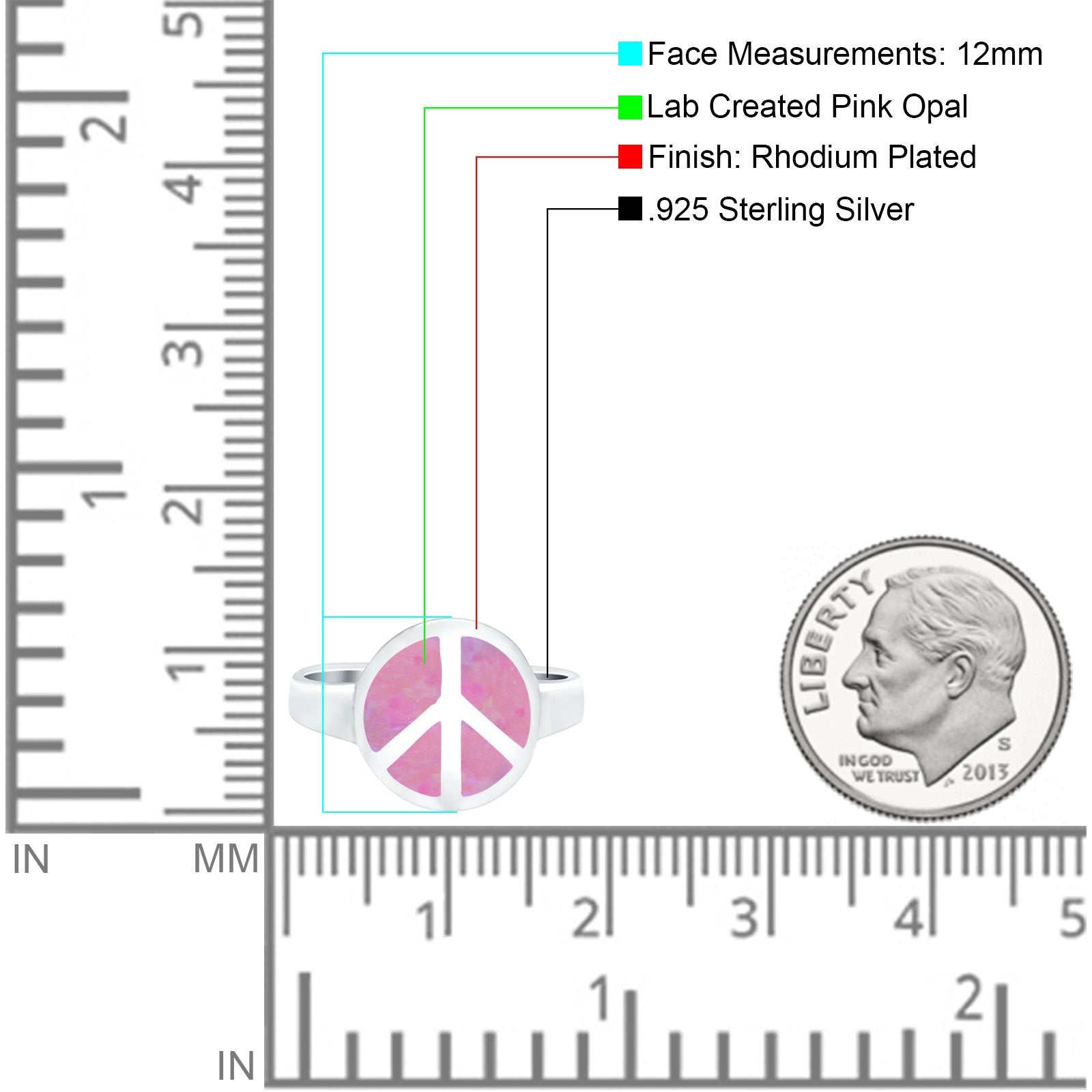 Peace Sign Ring Inlay Round Lab Created Pink Opal 925 Sterling Silver