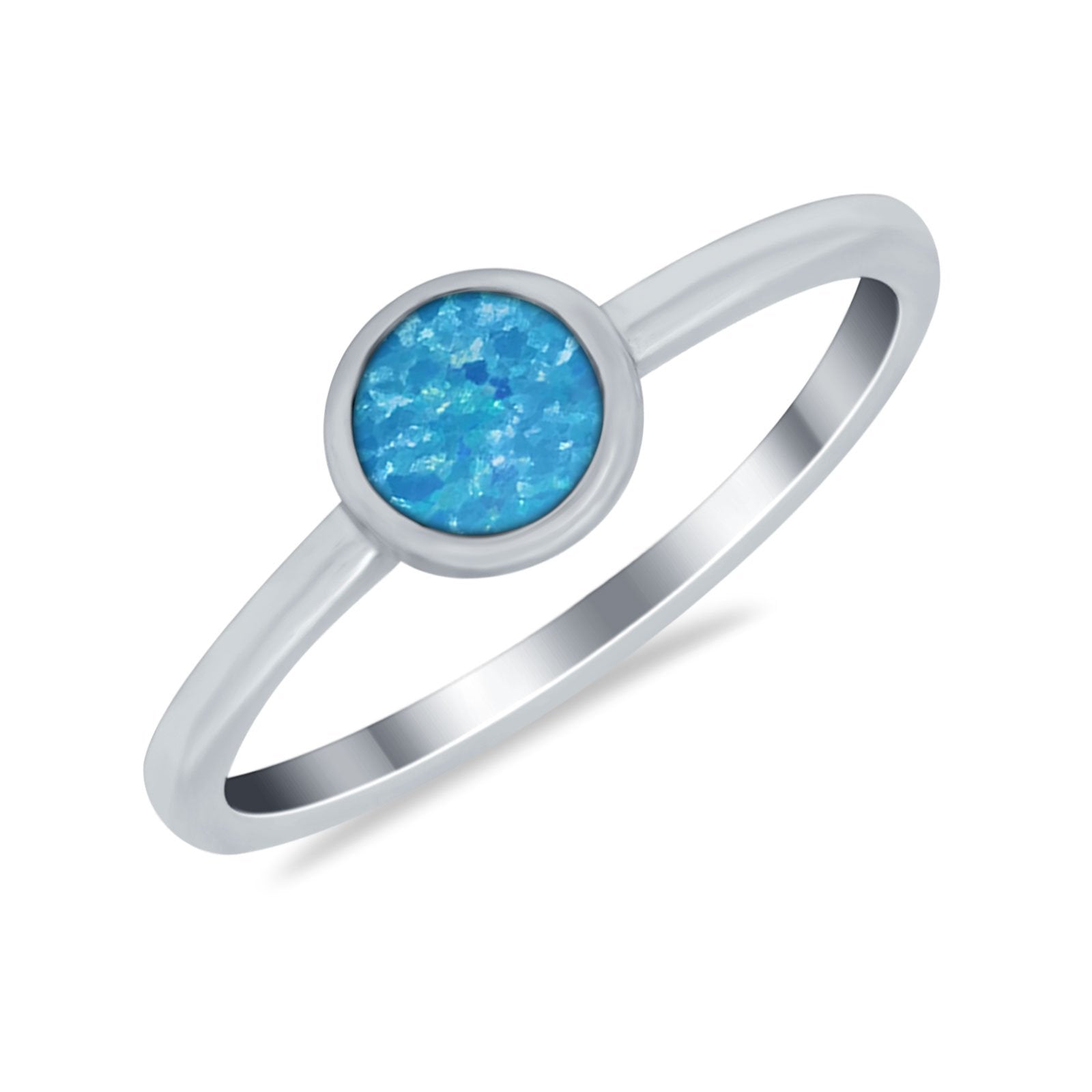 Petite Dainty Ring Solitaire Round Lab Blue Opal Simulated CZ 925 Sterling Silver