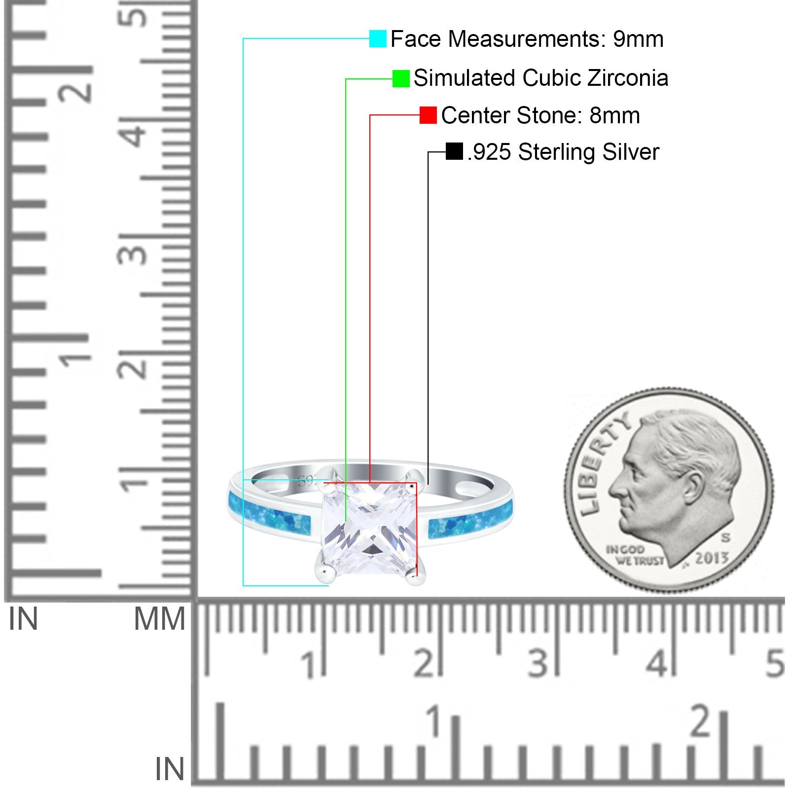 Solitaire Accent Ring Princess Created Blue Opal Simulated Cubic Zirconia 925 Sterling Silver
