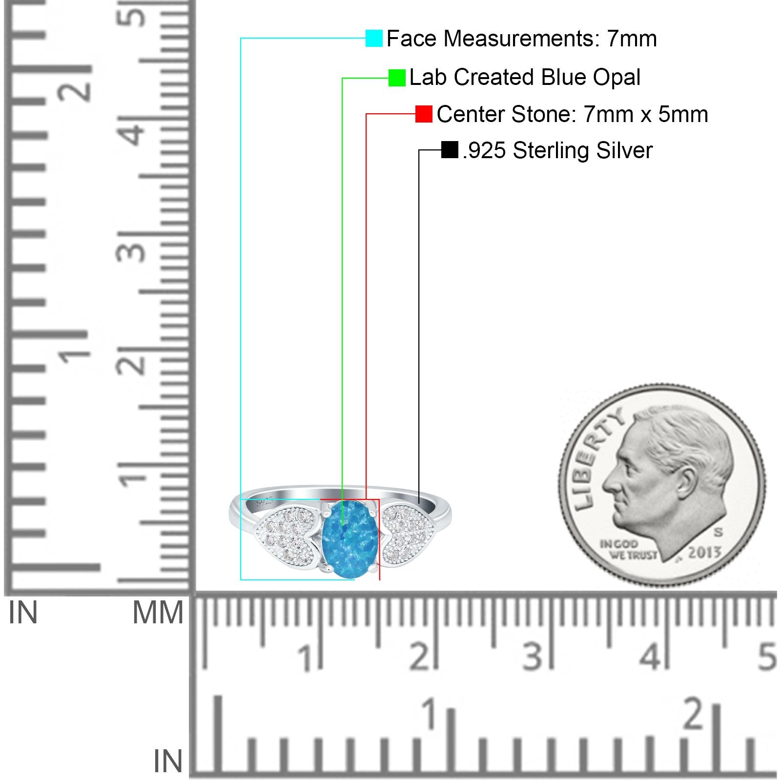 Fashion Heart Ring Oval Lab Created Blue Opal 925 Sterling Silver