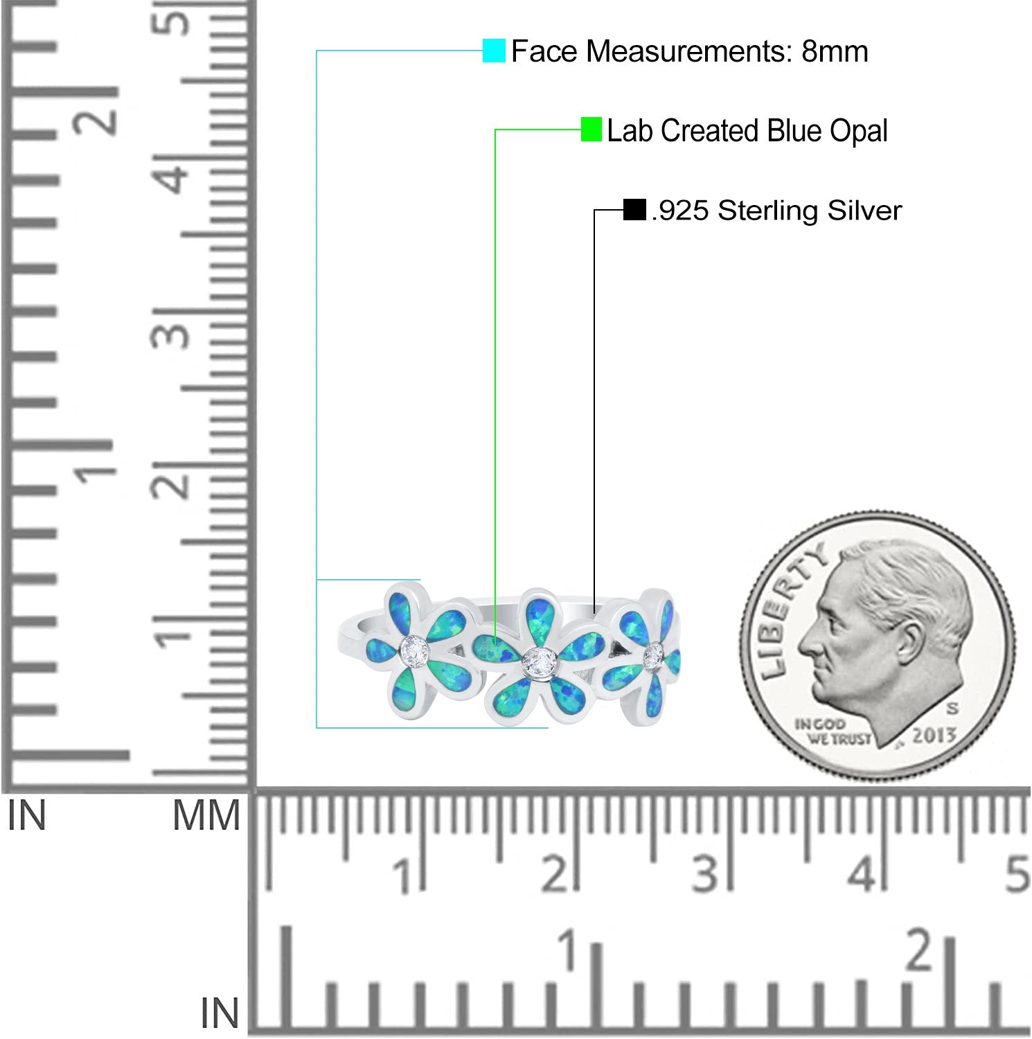 Plumeria Flower Ring Band Lab Created Blue Opal 925 Sterling Silver (8mm)