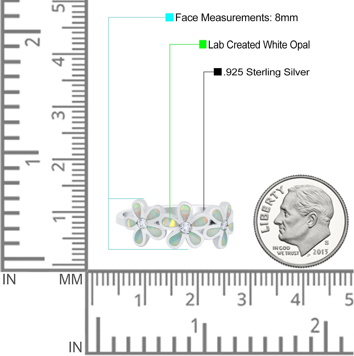 Plumeria Flower Ring Band Lab Created White Opal 925 Sterling Silver (8mm)