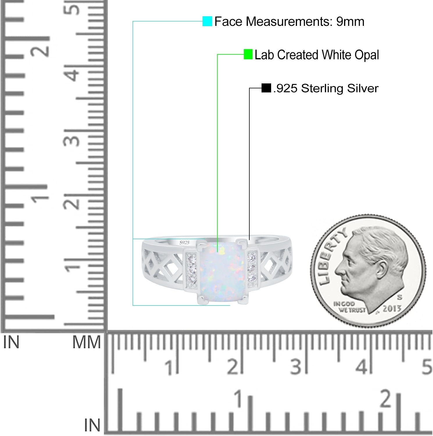 Fashion Ring Radiant Cut Lab Created White Opal 925 Sterling Silver