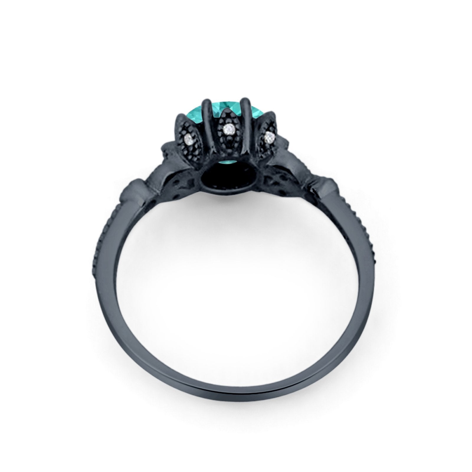 Art Deco Fashion Ring Round Black Tone, Simulated Paraiba Tourmaline CZ 925 Sterling Silver
