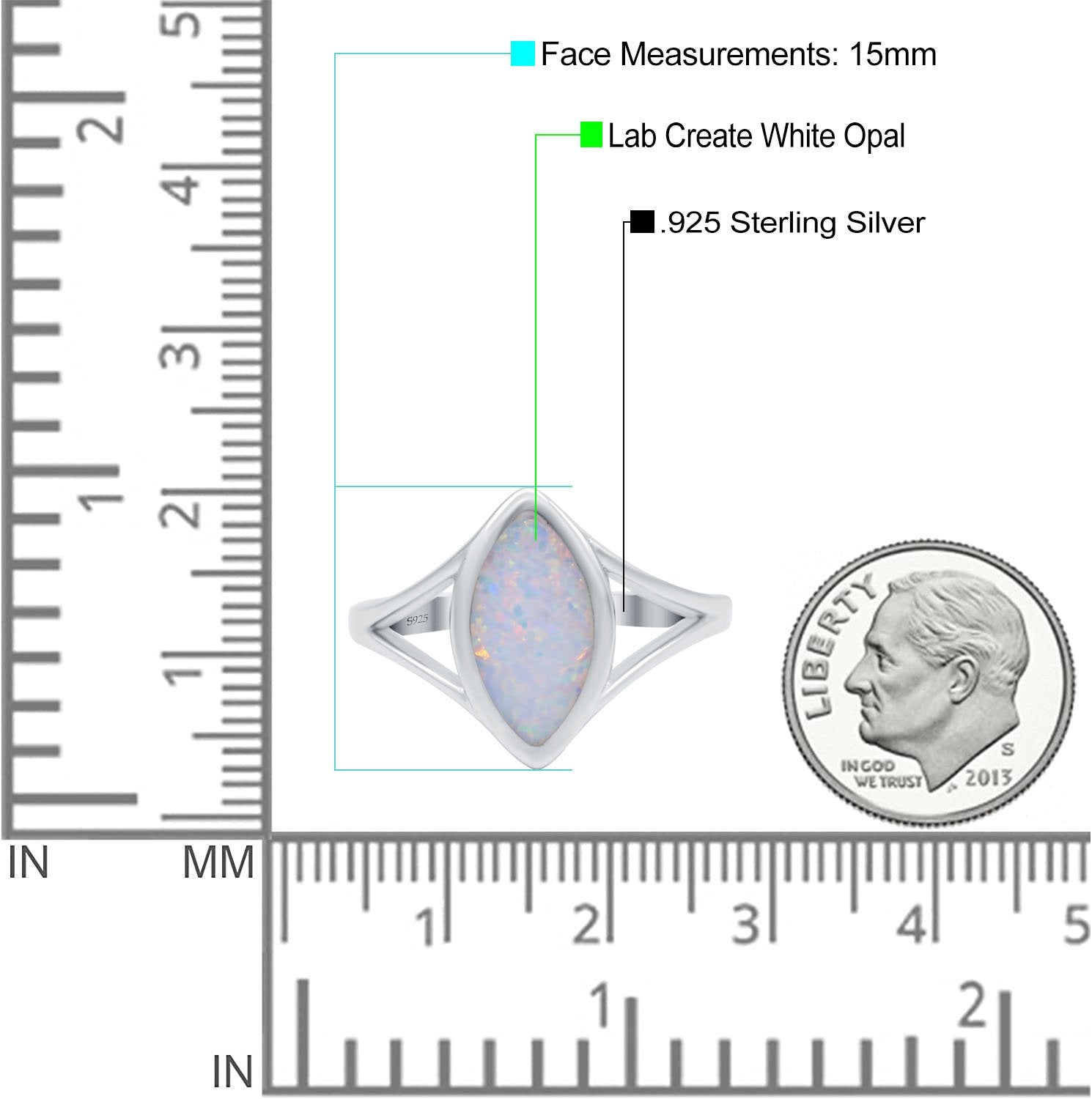 Solitaire Ring Marquise Shape Lab Created White Opal Split Shank 925 Sterling Silver (15mm)