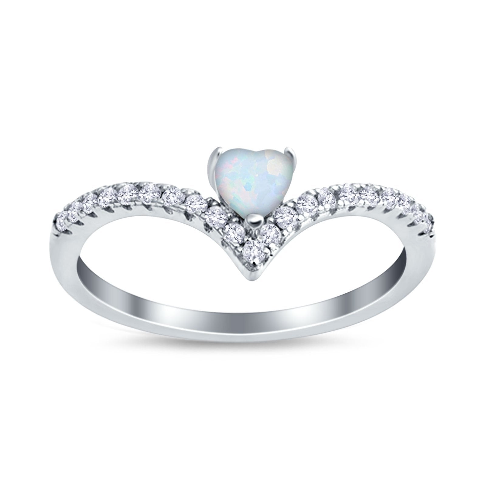 Chevron Midi V Ring Heart Lab Created White Opal 925 Sterling Silver