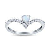 Chevron Midi V Ring Heart Lab Created White Opal 925 Sterling Silver
