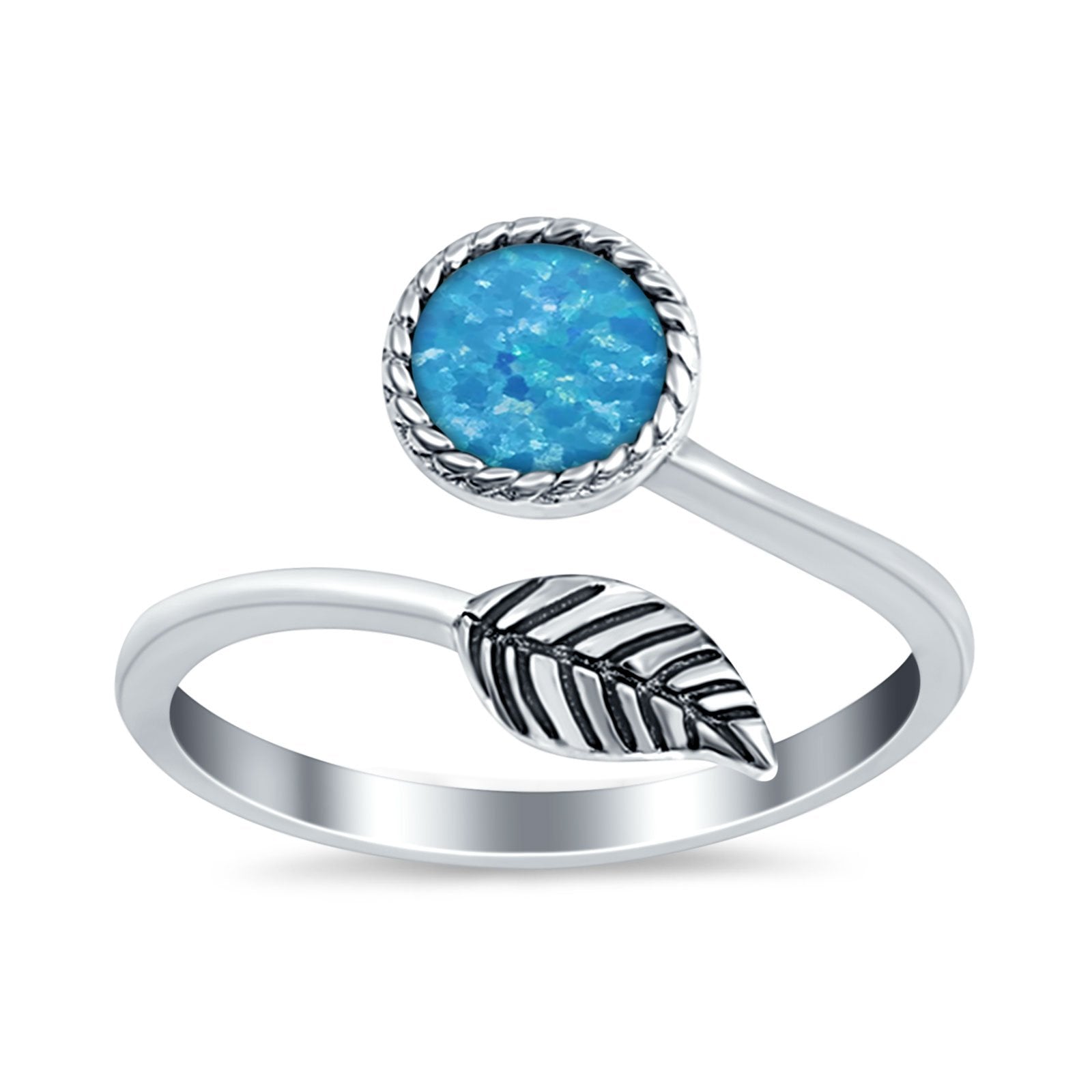 Fashion Ring Oxidized Stone Thumb Ring Round Lab Created Blue Opal 925 Sterling Silver