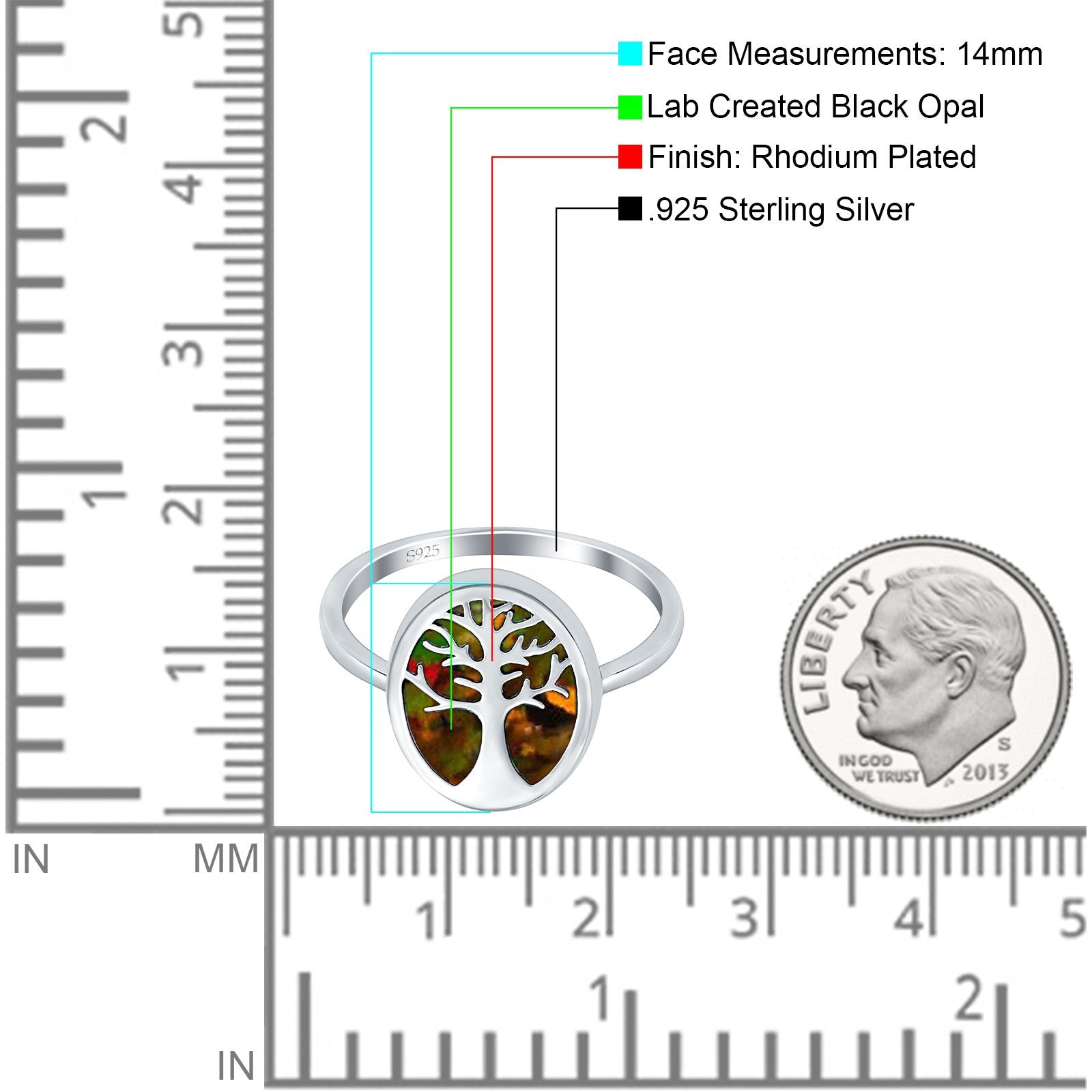 Oval Tree of Life Ring Lab Created Black Opal Rhodium Plated 925 Sterling Silver