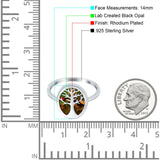 Oval Tree of Life Ring Lab Created Black Opal Rhodium Plated 925 Sterling Silver