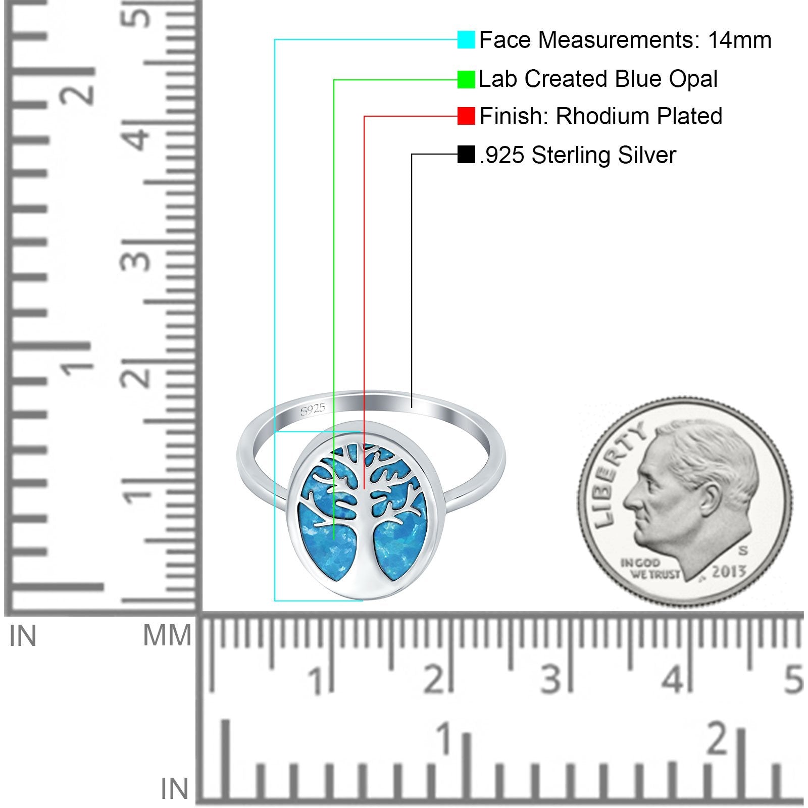 Oval Tree of Life Ring Lab Created Blue Opal Rhodium Plated 925 Sterling Silver