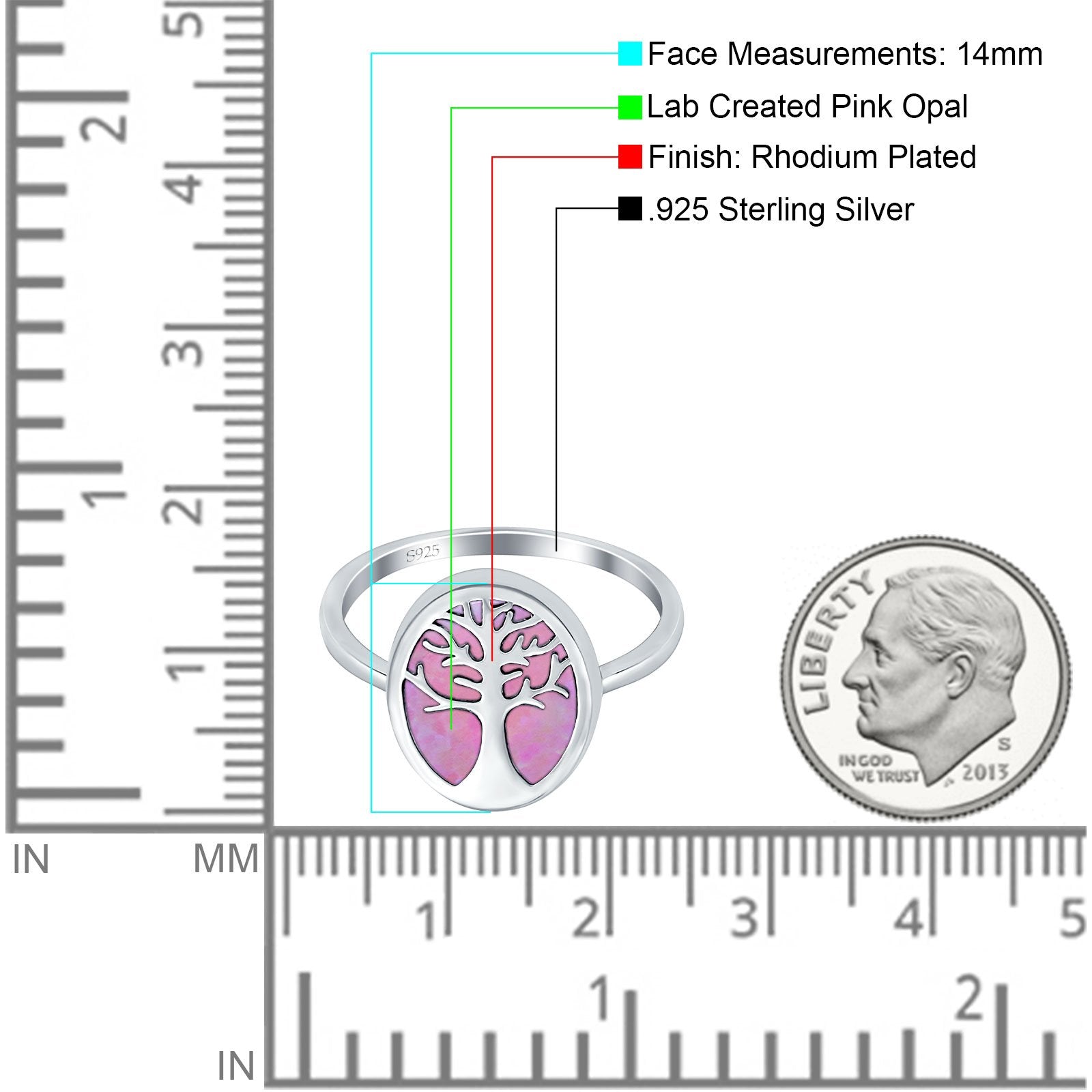 Oval Tree of Life Ring Lab Created Pink Opal Rhodium Plated 925 Sterling Silver