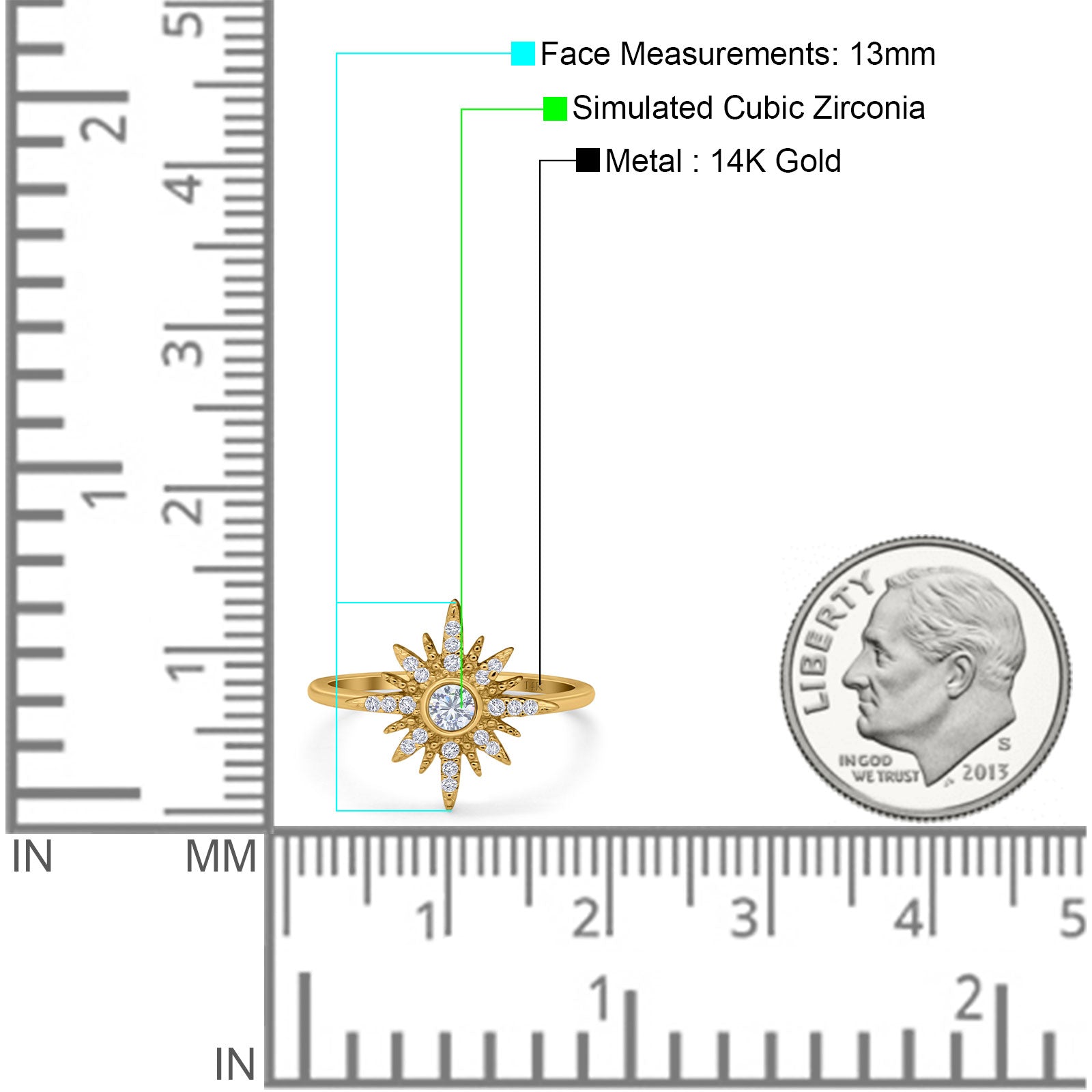 14K Yellow Gold Cluster Starburst Ring Round Bridal Simulated CZ Wedding Engagement Ring Size-7