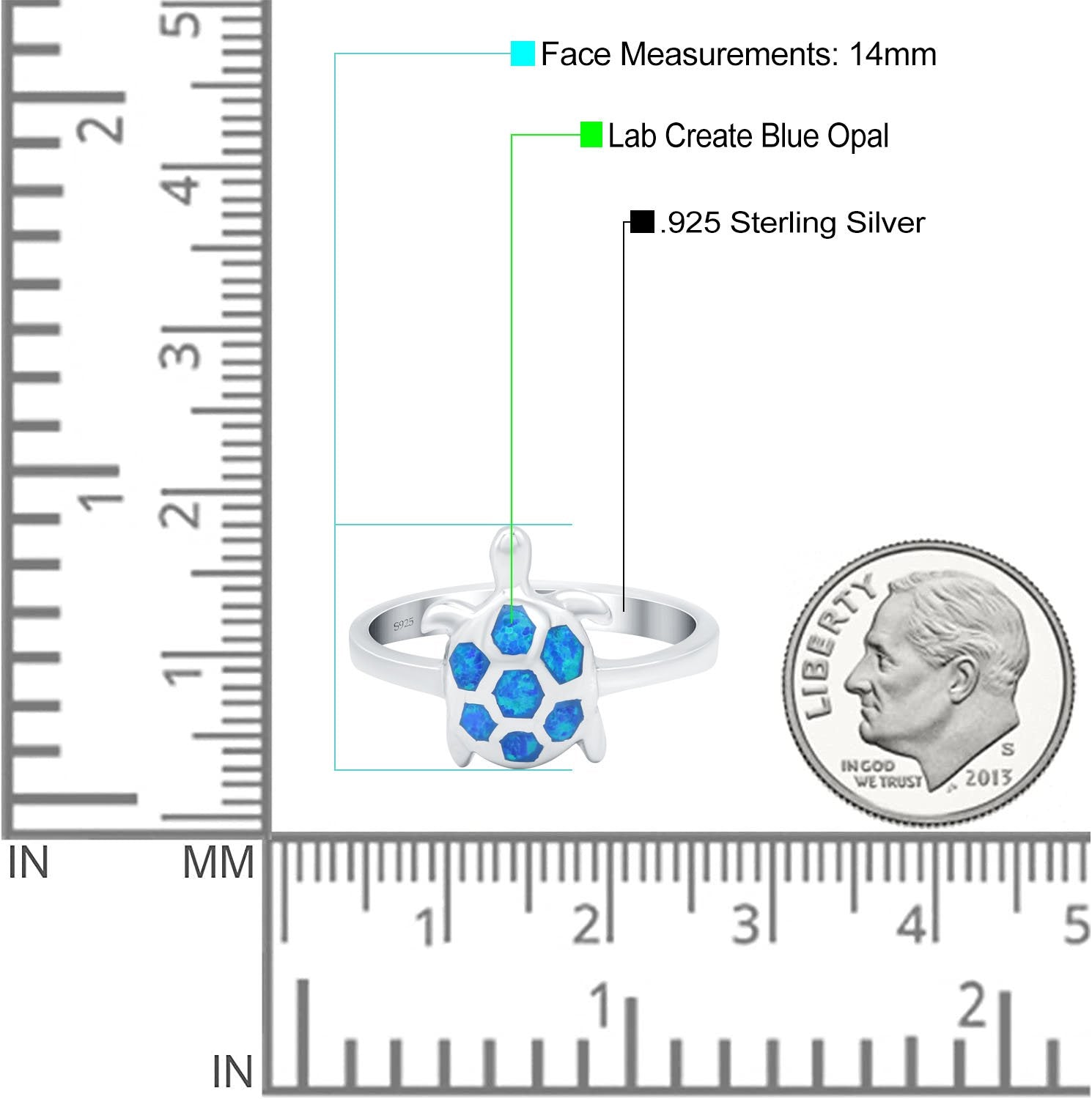 Turtle Ring Band Lab Created Blue Opal 925 Sterling Silver (14mm)