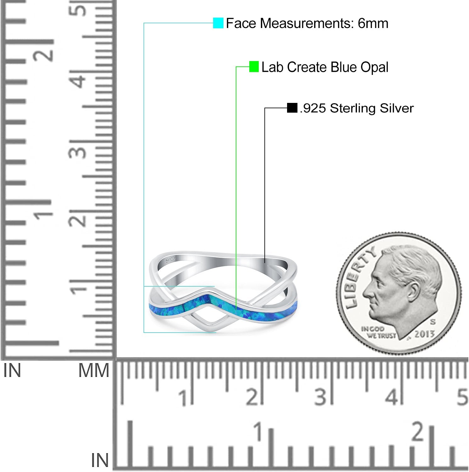 Criss Cross V Shape Ring Band Lab Created Blue Opal 925 Sterling Silver (6mm)