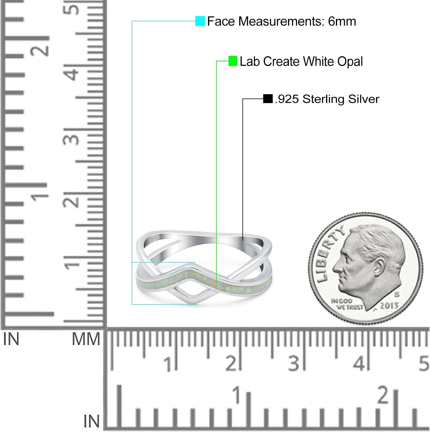 Criss Cross V Shape Ring Band Lab Created White Opal 925 Sterling Silver (6mm)