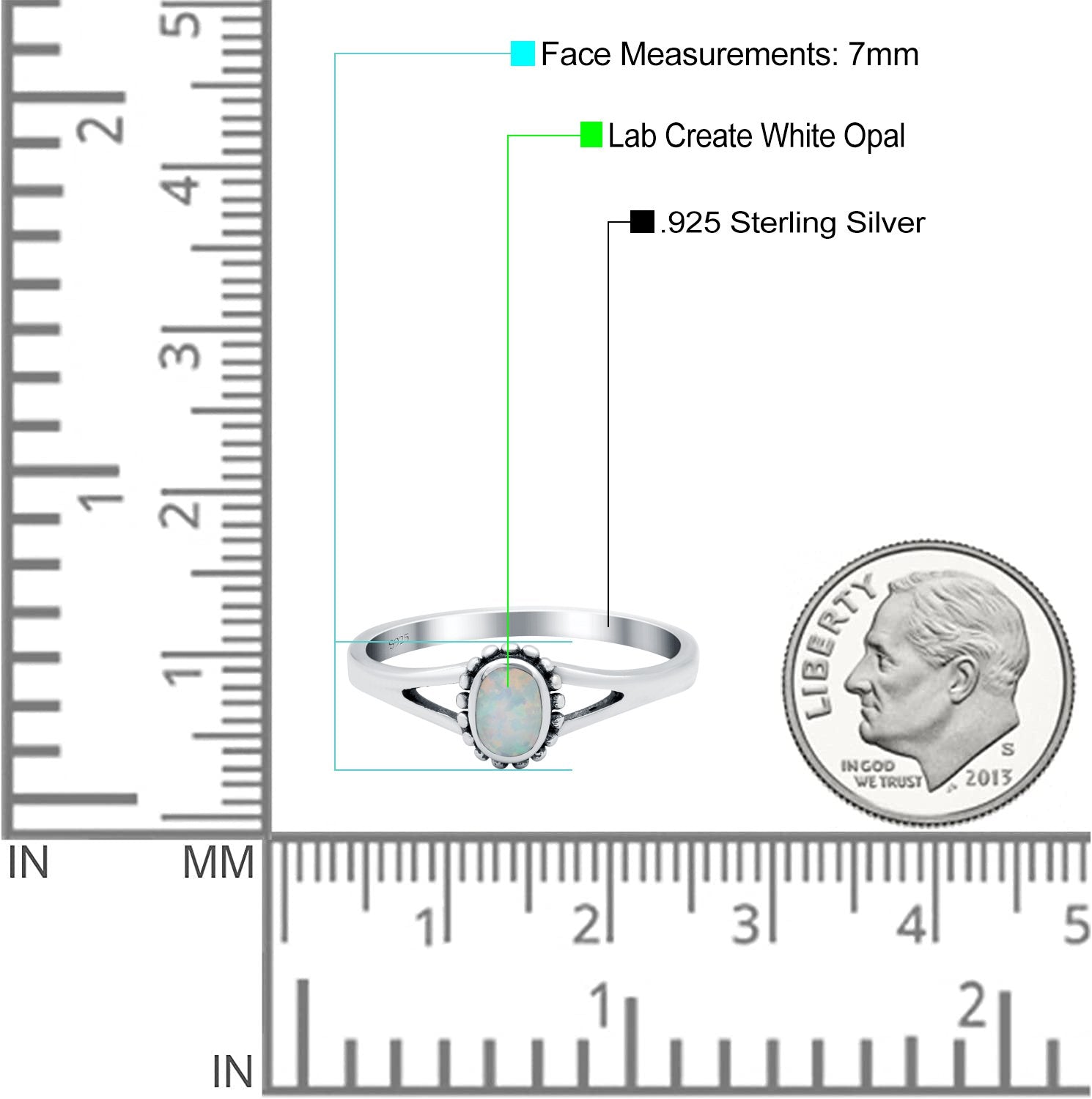 Oval Shape Ring Band Lab Created White Opal 925 Sterling Silver (7mm)
