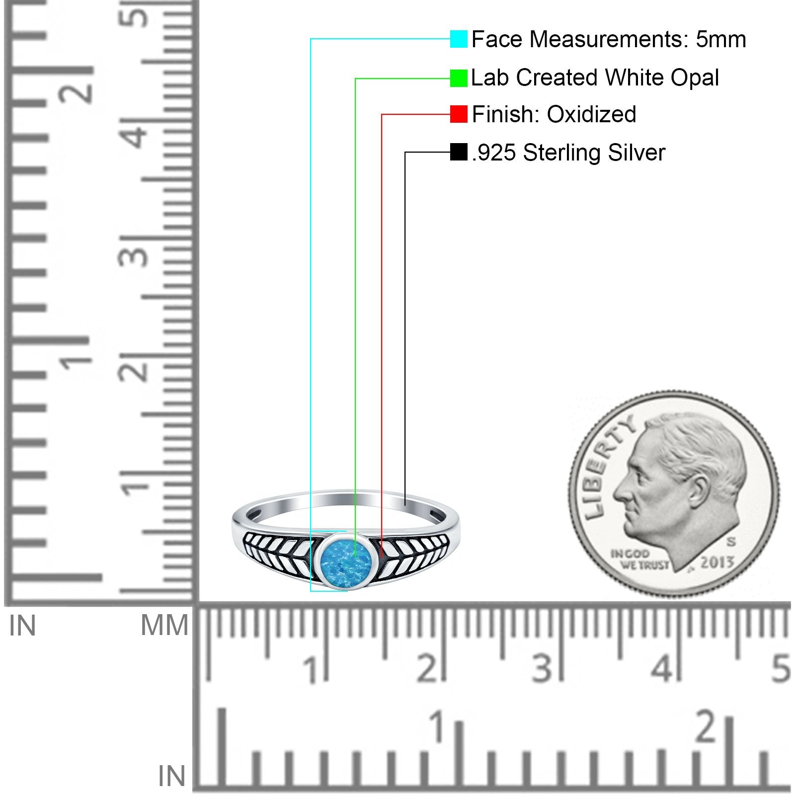 Oxidize Petite Dainty Ring Round Lab Created Blue Opal 925 Sterling Silver
