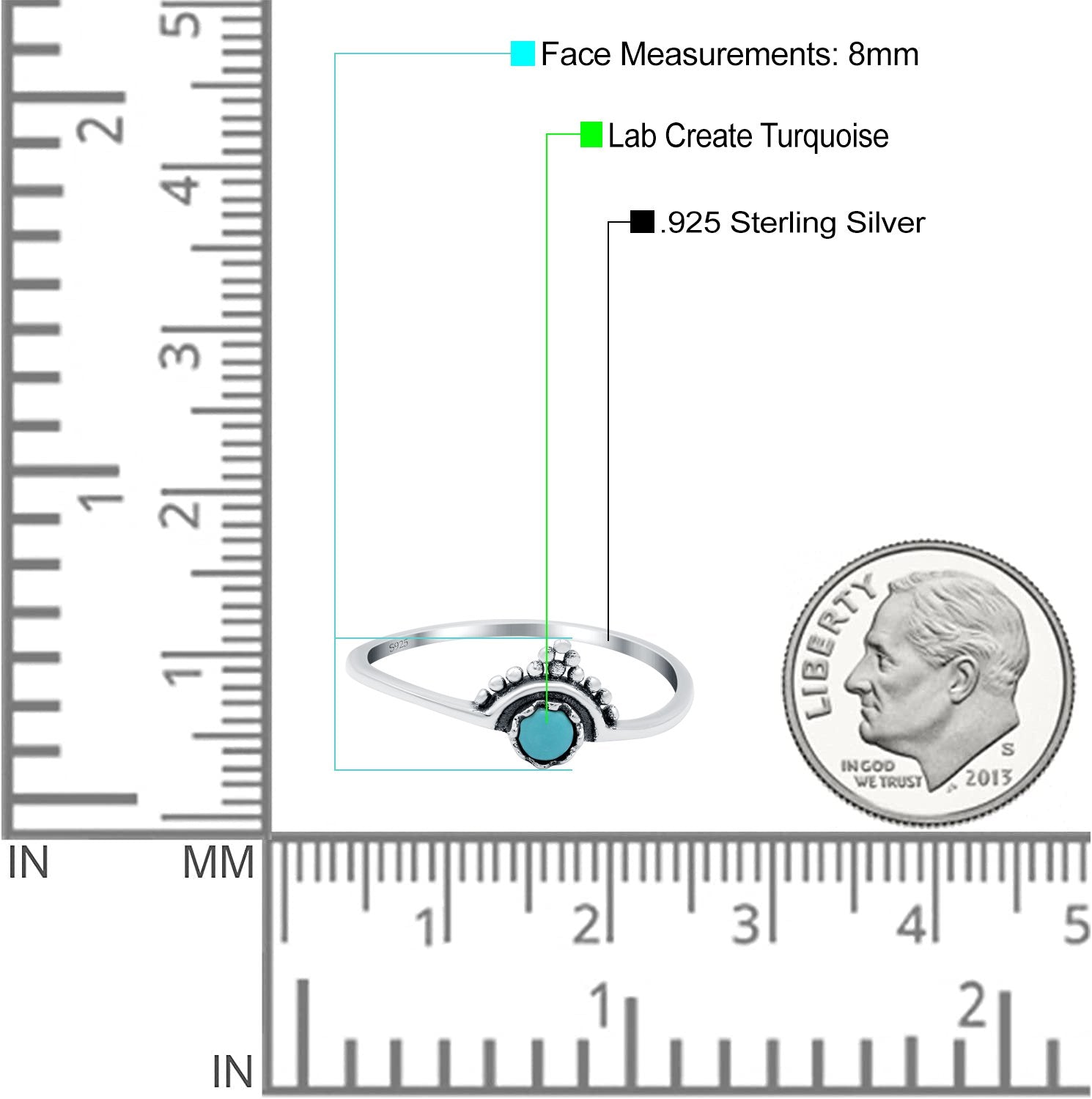 Bali Band Ring Round Simulated Turquoise 925 Sterling Silver