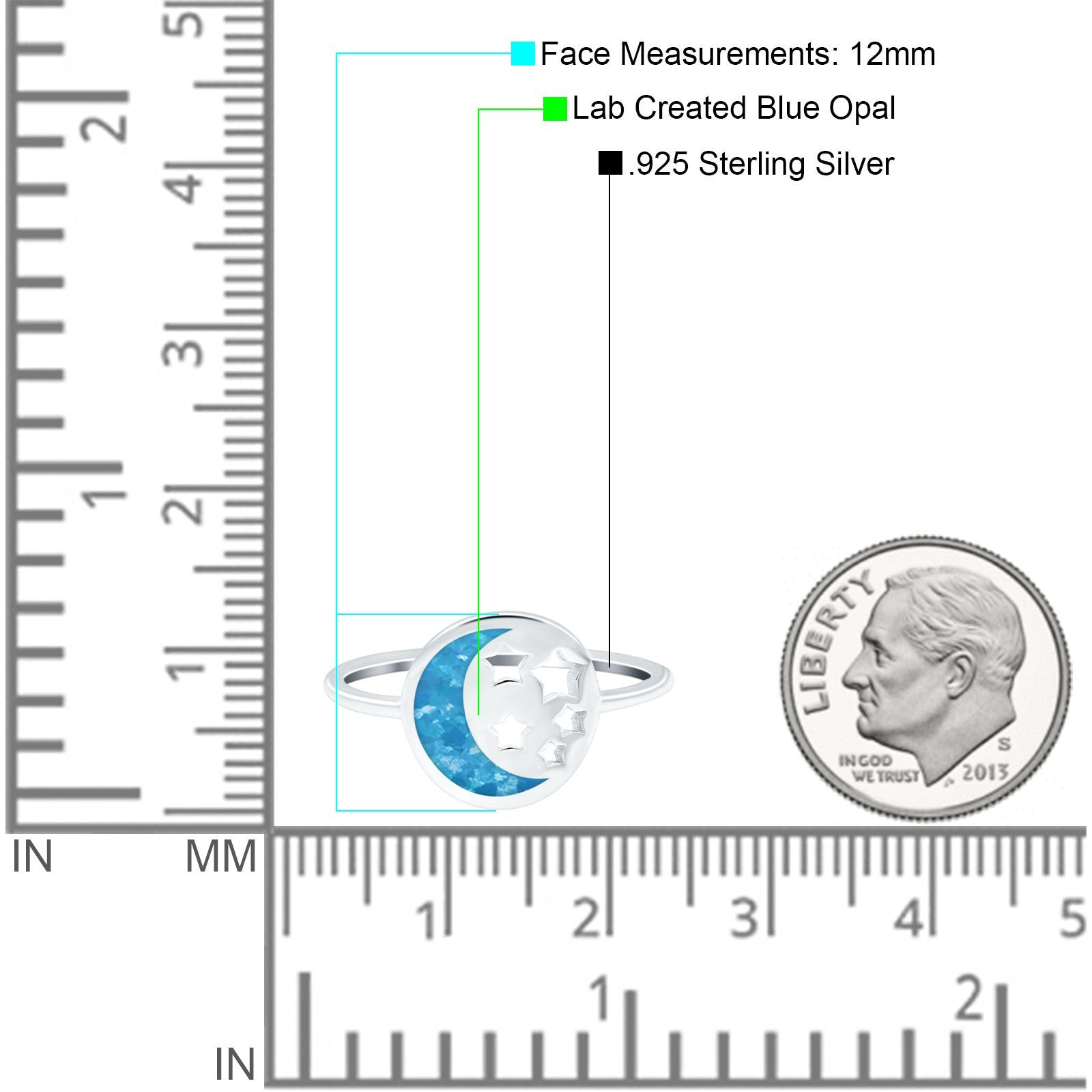 Moon and Stars Ring Band Lab Created Blue Opal 925 Sterling Silver (12mm)